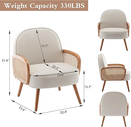 Miniatura 2 de Aklaus Silla decorativa moderna de mediados de siglo con brazos de ratán, tapizada de ratán, silla bohemia para sala de estar, dormitorio, balcón,