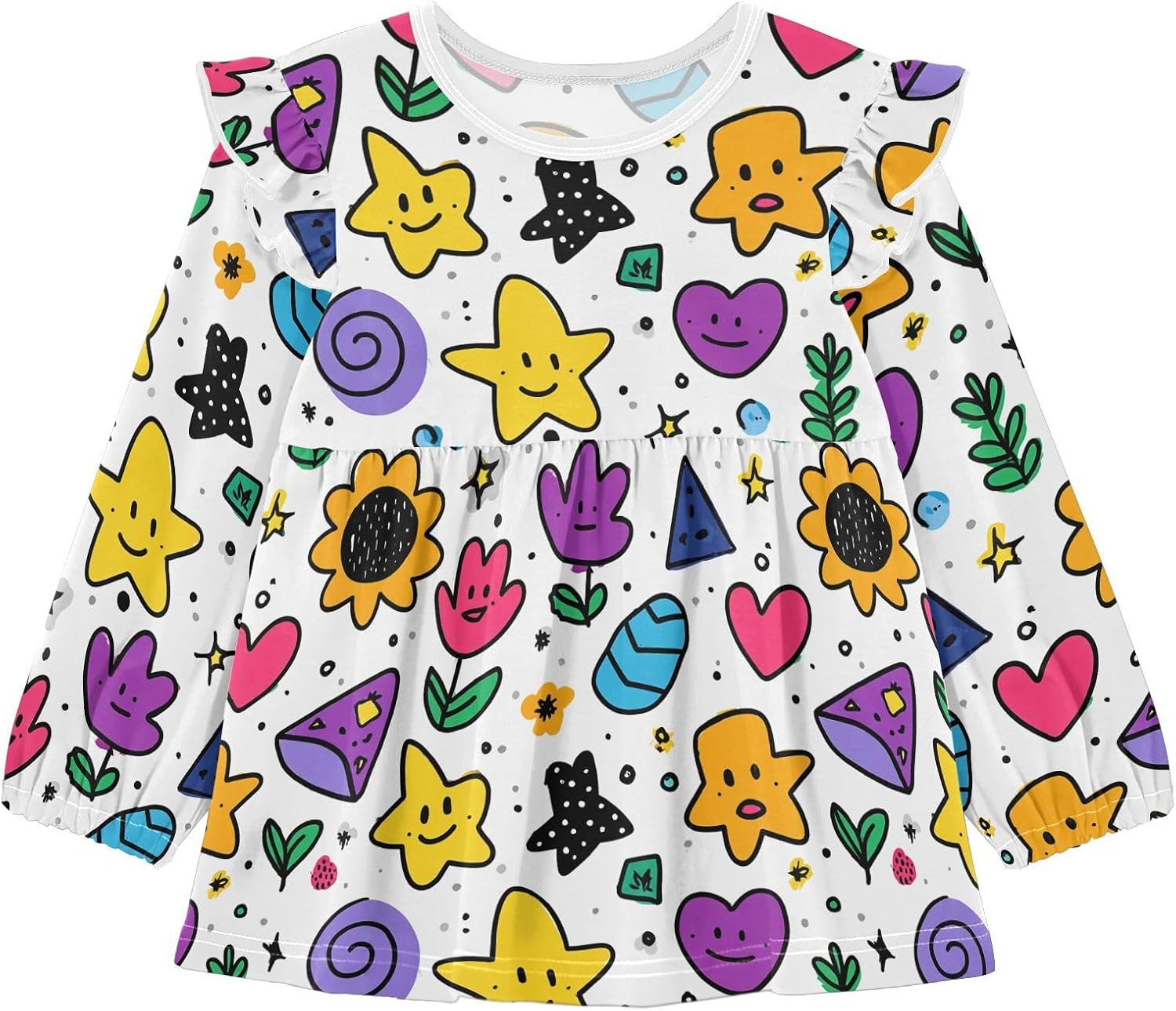 visesunny Toddler Clothes for Girls Cartoon Heart Star Flower Long Sleeve Fall Shirts Cotton Top with Ruffle Collar