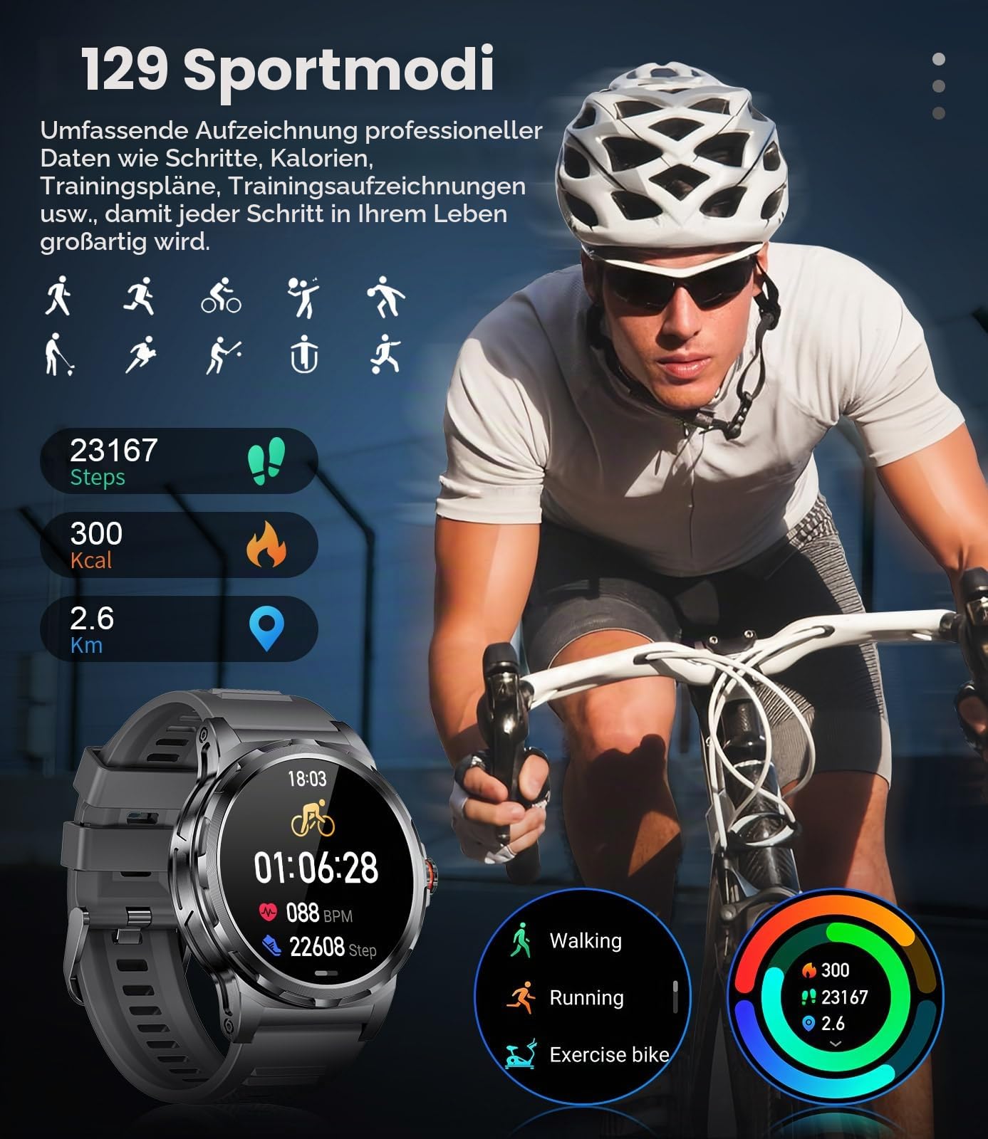 Militär Smartwatch Herren, 1,43-Zoll-AMOLED-Smartwatch mit Bluetooth-Anruf, 3 Armbänders, IP68 Wasserdicht/Herzfrequenz/Schlafmonitor, 120+ Sportmodi Outdoor Sportuhrfür Android iOS, Schwarz