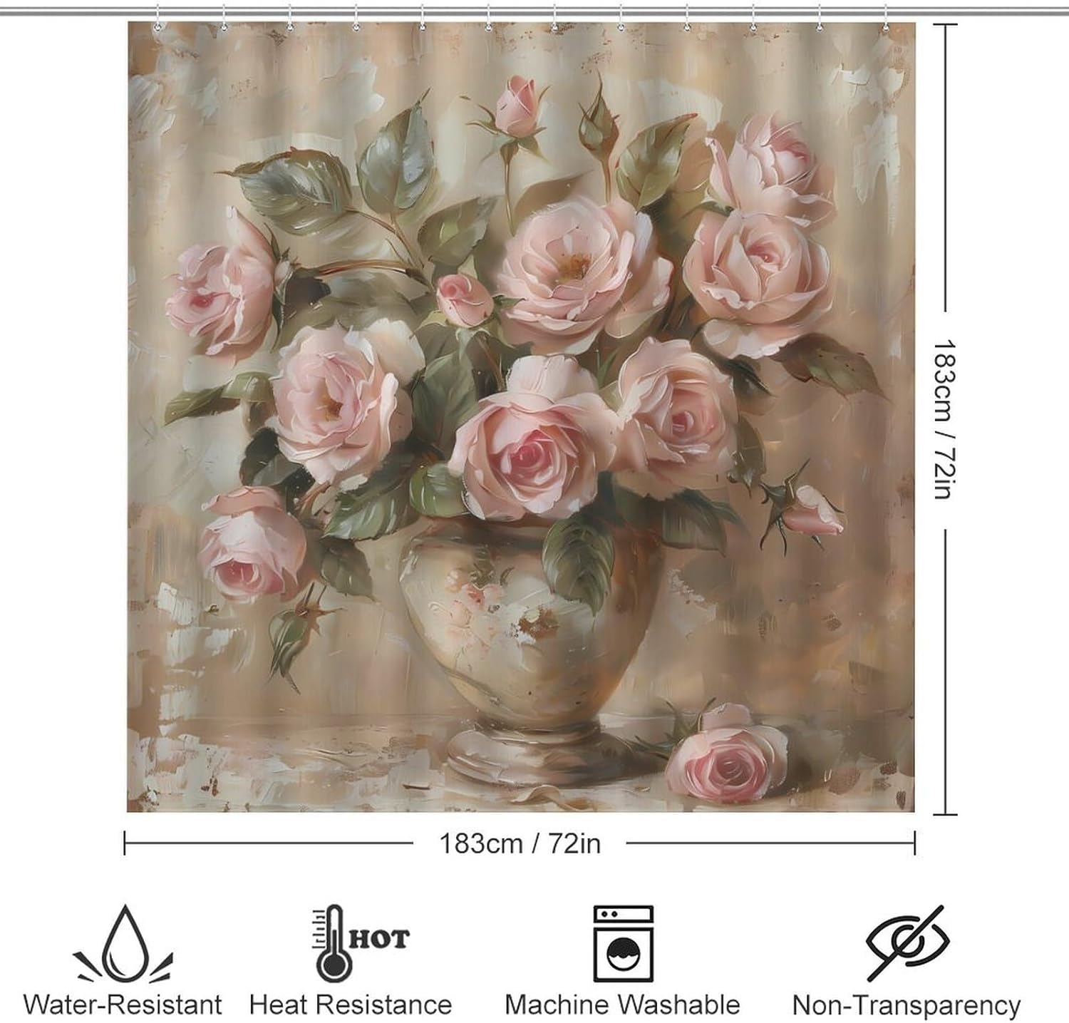 Vintage Roses Flowers Modern Bathroom Sets with Shower Curtain and Rugs Decor 4 Pcs with 12 Hooks