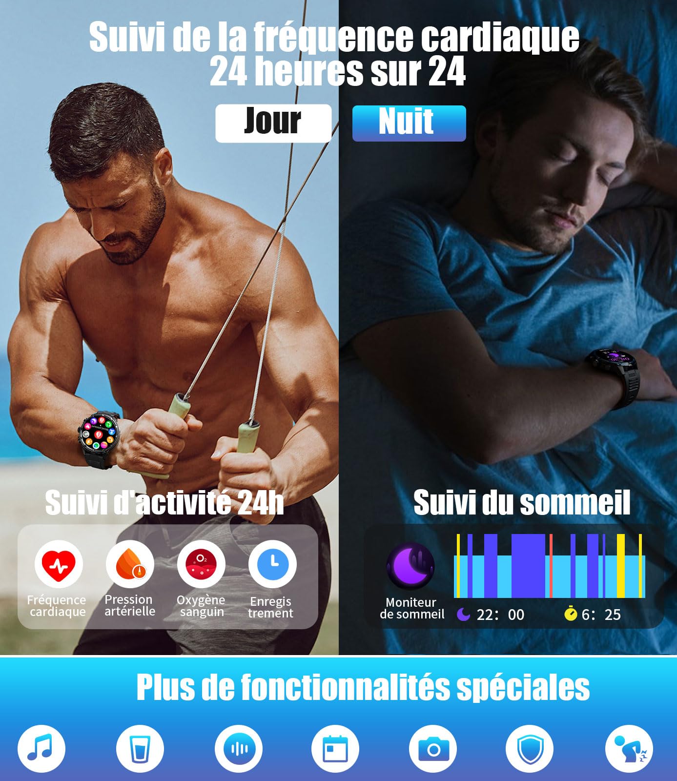 Montre Connectée Homme, Smartwatch Homme LED Lampe 1,85'' Écran HD Longue Autonomie, Montre Intelligente Santé Cardiaque Sommeil Tension Artérielle 120+ Modes Sportifs