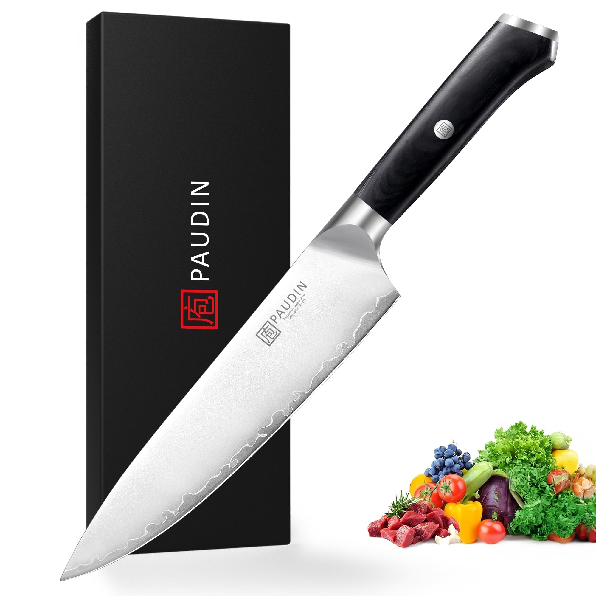 PAUDIN Chef Knife 8 Inch High Carbon Steel Kitchen Knife Professional Chefs Knife with Ergonomic Wooden Handle Ultra