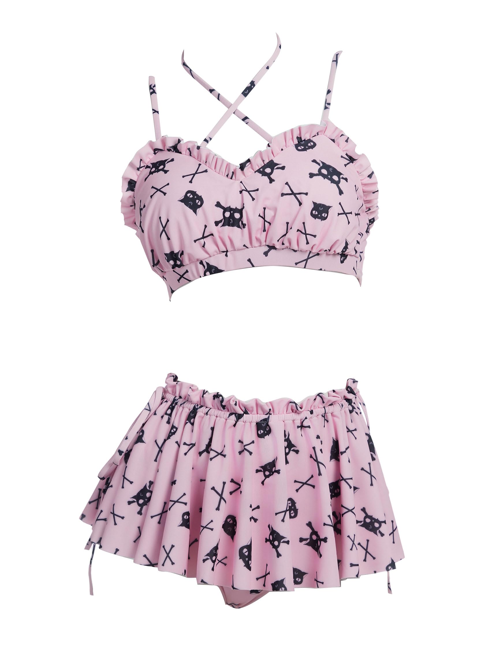 haikyuu Costume da bagno da donna scheletro gotico a due pezzi con gonna rosa Halter Bikini costume da bagno gotico