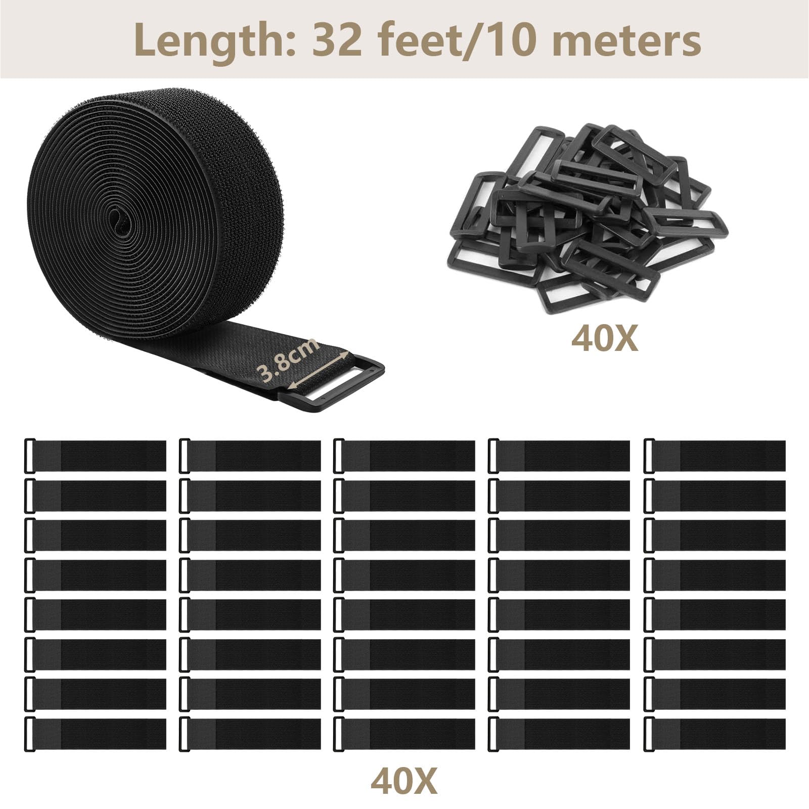 ZSURLUX 3.8cm x 10m Heavy Duty Cinch Straps with 40 Buckles, Cut-to-Length Hook and Loop Strips - Image 4
