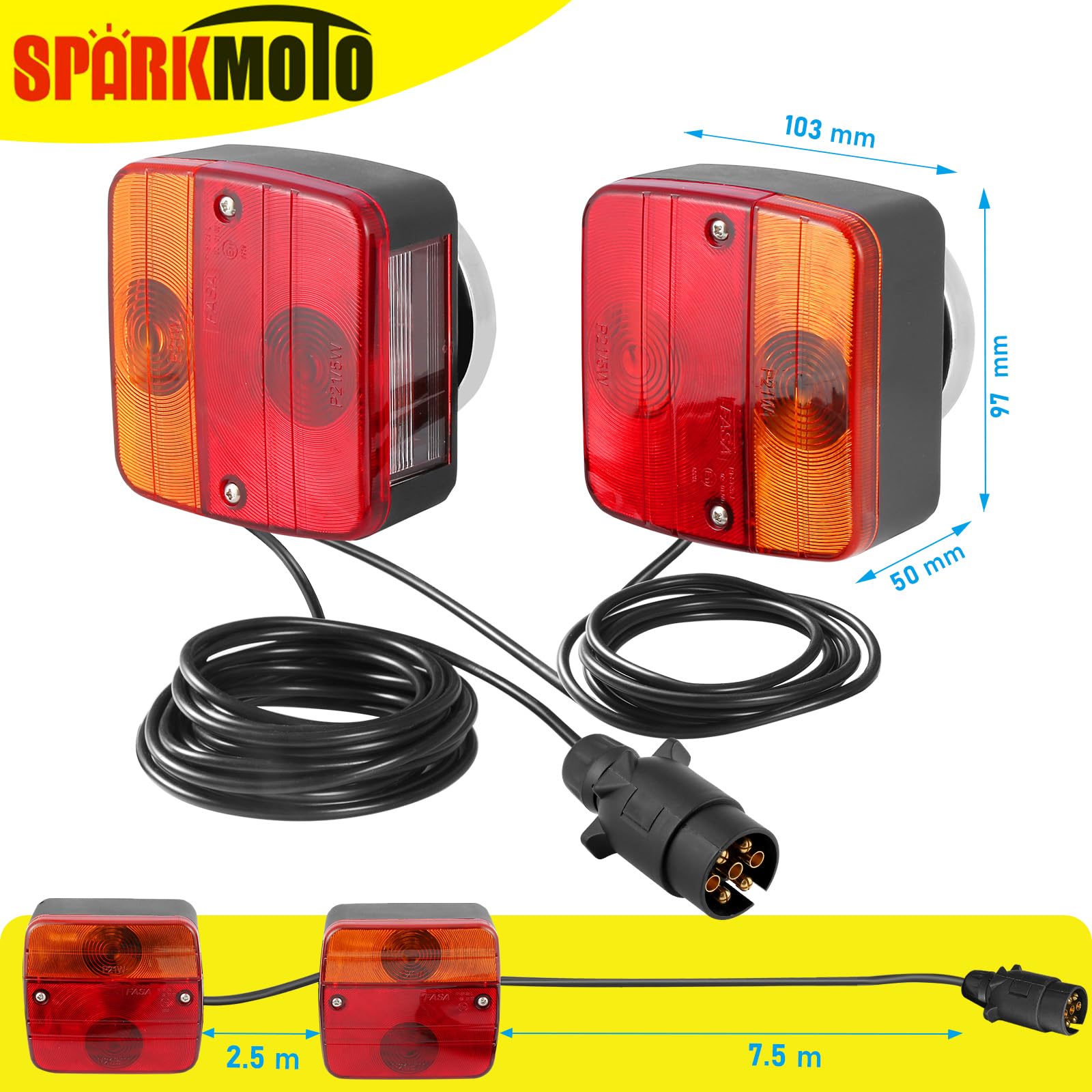 Fanali Posteriore Rimorchio Magnetico,Kit Luci Rimorchio 7 Poli Con Cavo 2.5/7.5M Connettore 7 Poli,Fari Posteriori Rimorchio Calamita