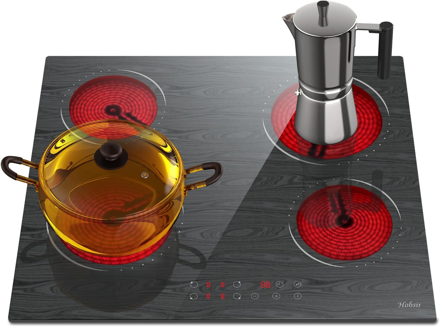 Piano Cottura Vetroceramica 4 Zone Piano Cottura in Ceramica, Vetro Marmo, Sensor-Touch Control, Vetroceramica Piano Cottura Elettrico 60CM, 6000W, 9 Livelli di Potenza, Cablato, LH07