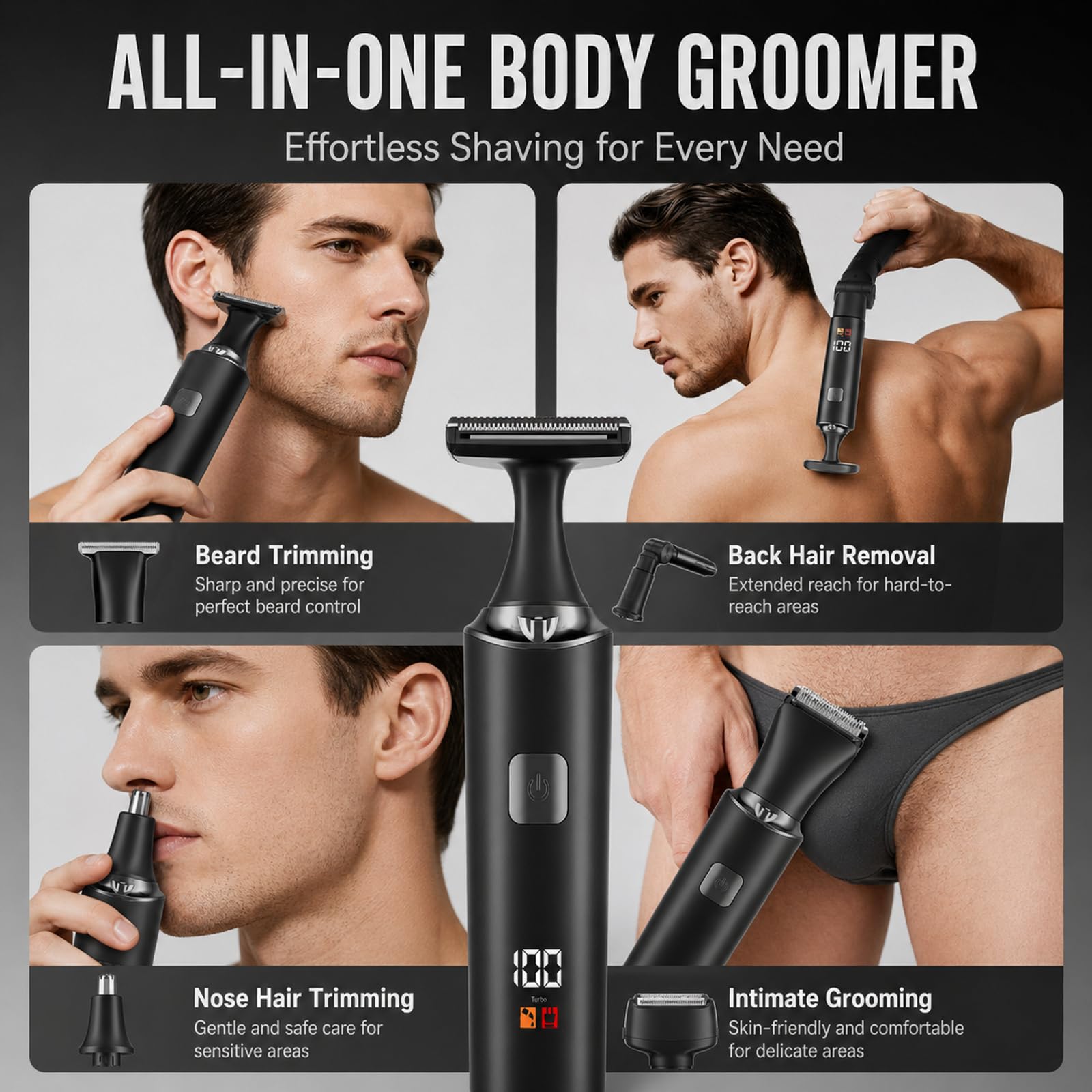 Rasoio Elettrico Per La Schiena Da Uomo, Depilatore Corpo Uomo Kit 5 In 1 Con Braccio Ausiliario Allungabile, per viso, Mento, Braccio, Schiena, Peli Pubici (A)
