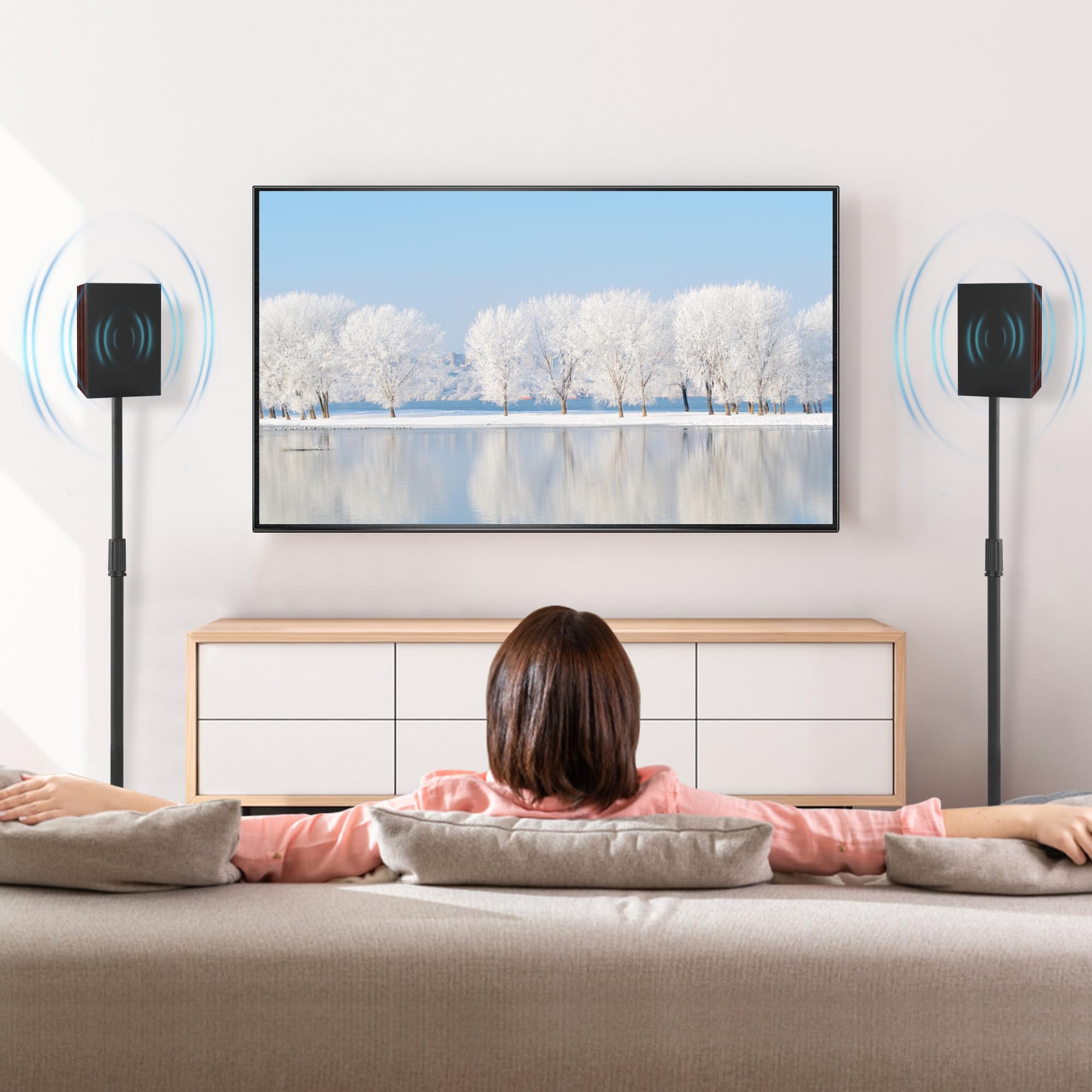 OUUTMEE - Juego de 2 soportes de altavoz ajustable en altura 86-127 cm | Patas de altavoces universales, soportes para altavoces en el suelo, base triangular, gestión de cables