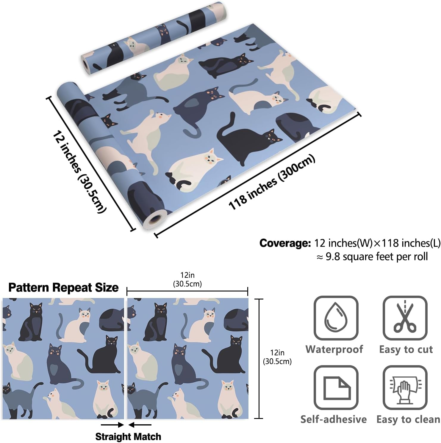 CRE8TIVE Cat Wallpaper Stick and Peel Blue Contact Paper for Cabinets 12"x118" Animal Nursery Wallpaper Cute Kitten Self Adhesive Removable Stick on Wall Paper for Girls Bedroom Kids Room Wall Murals