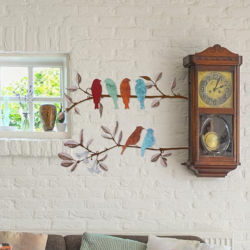 Miniatura 2 de HomeSoGood 2 piezas de arte de pared de pájaros de metal, decoración de pared de pájaros en rama, hojas colgantes con escultura de pájaros, pájaros