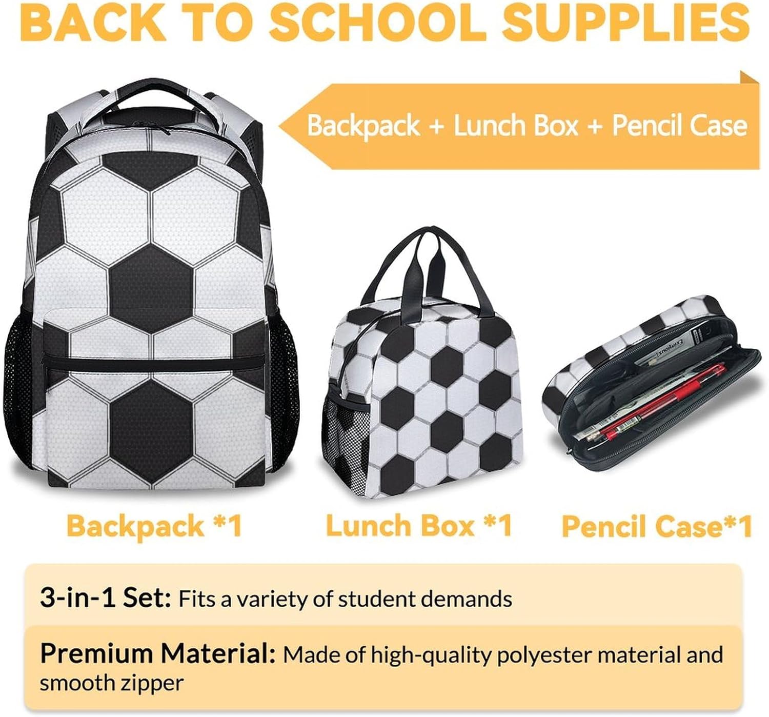Soccer Kids Backpack with Lunch Box, Set of 3 School Backpacks Matching Combo, Cute Black Bookbag and Pencil Case Bundle