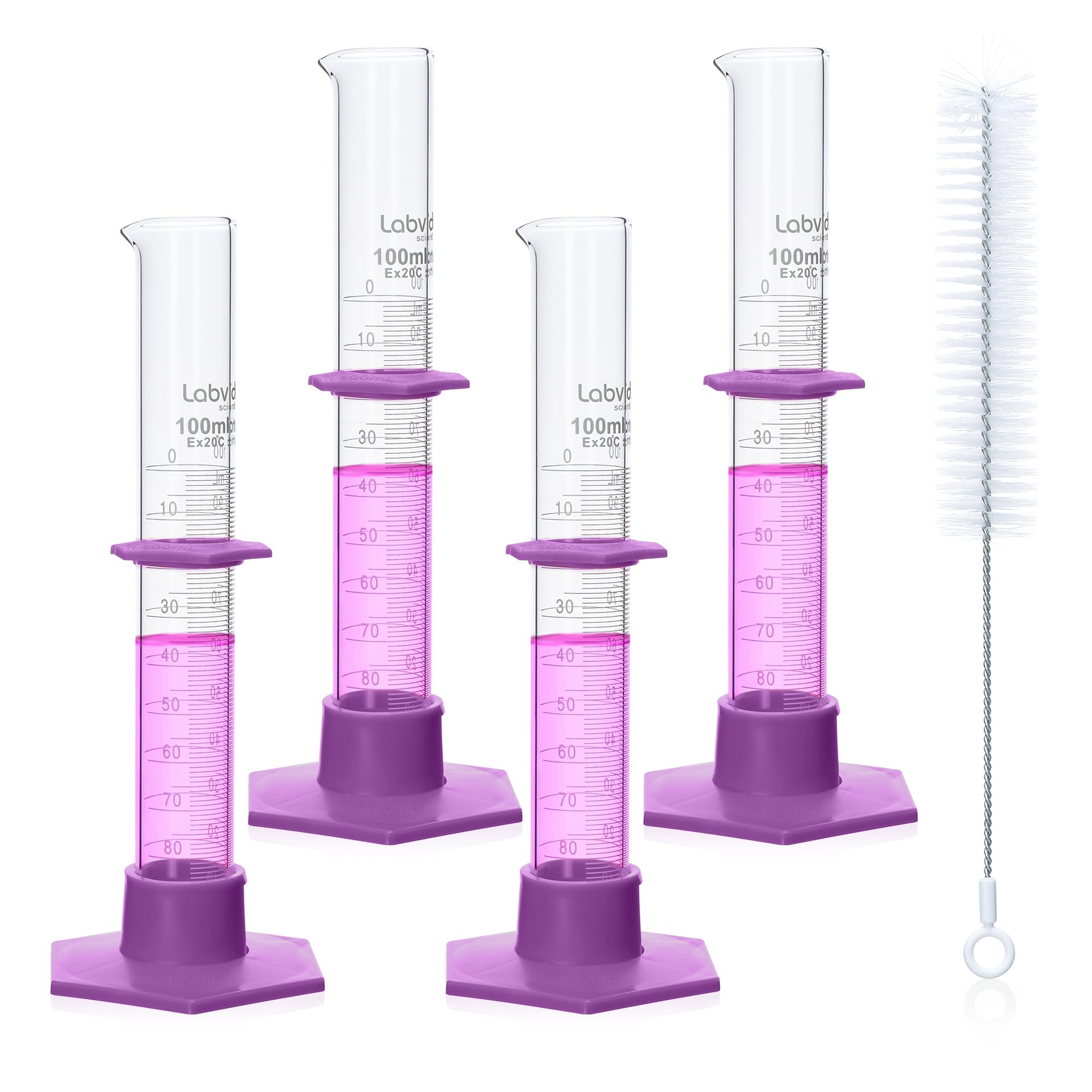 LVE004 - Set di cilindri graduati in vetro borosilicato da 100 ml, con base esagonale in plastica e spazzola, classe B (4 pezzi), LVE004