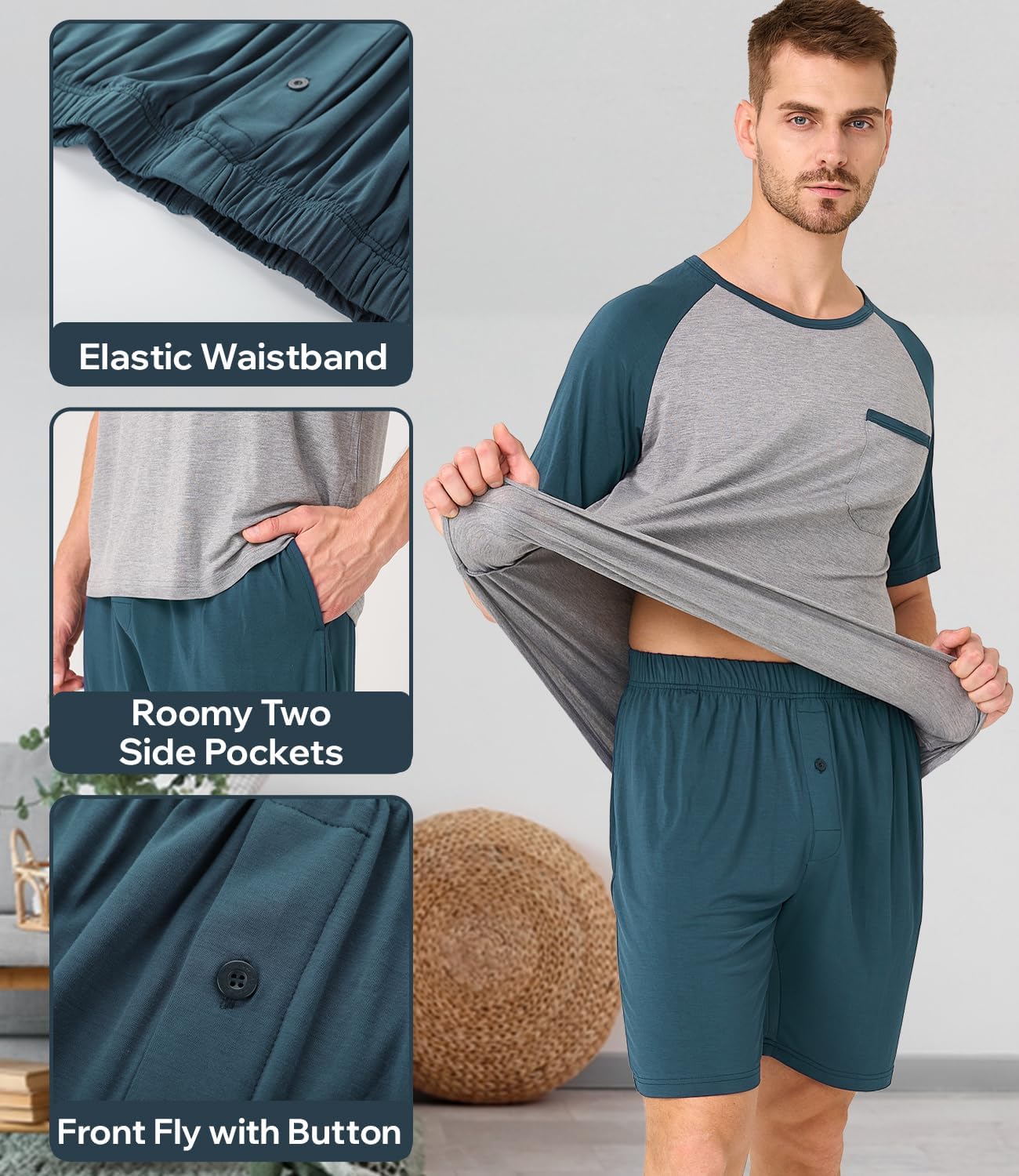 BAMBOO COOL Mens Pajama Set Summer Pjs Sleepwear Short Sleeve Shirts Soft Lightweight Sleep Sets Loungewear with Pockets - Image 4