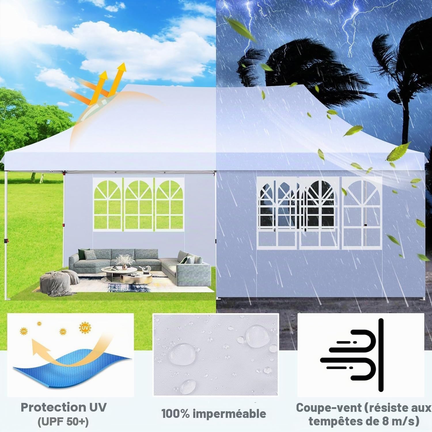 COBIZI Tonnelle Pliante 3 x 6 m, étanche, Stable, résistante à l'hiver, Pliable, avec 6 parois latérales et 4 Sacs de Sable, Pop-up, tonnelle de Jardin, Anti-UV, pour l'extérieur, Blanche