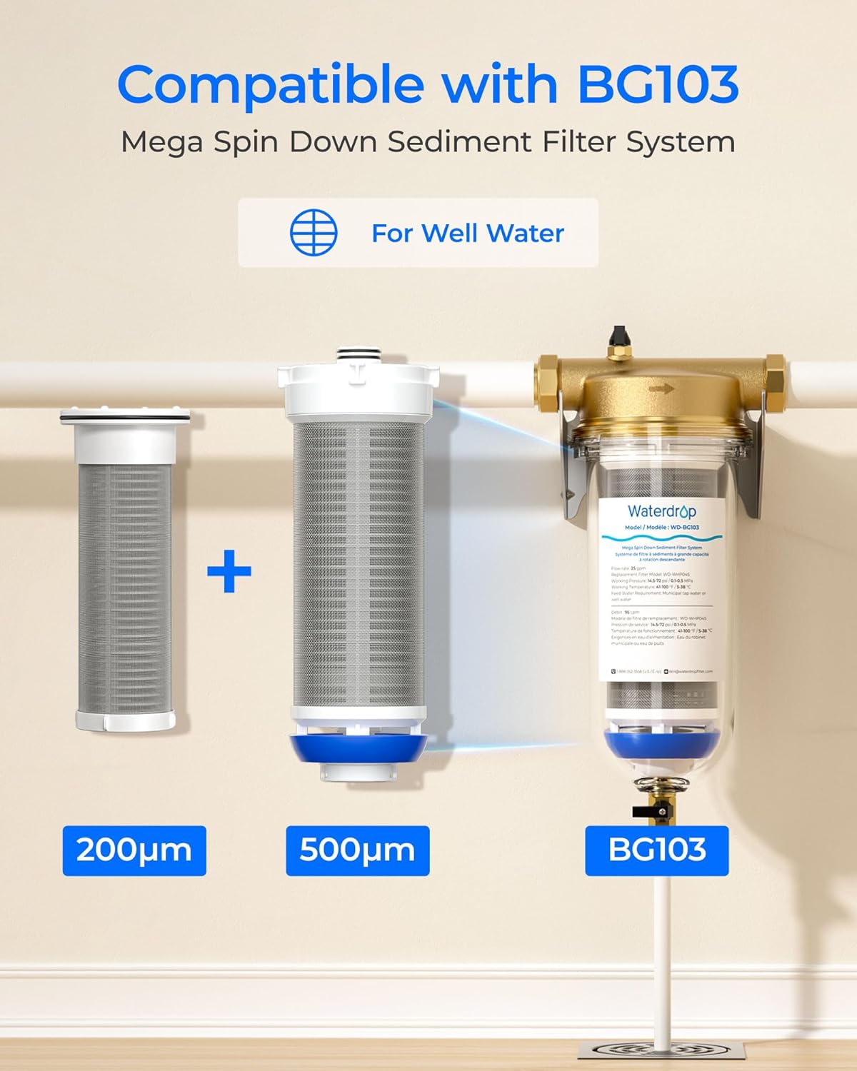 Waterdrop Spin Down Sediment Filter Replacement Cartridge, 500 Micron+200 Micron, Replacement for WD-BG103