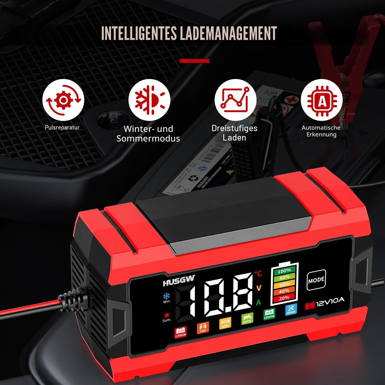 12V 10A Autobatterie Ladegerät mit Farbdisplay, automatischer Abschaltung & Temperaturkompensation, für Auto/Motorrad (AGM/EFB/Gel/LiFePO4), 6-Fach Schutz(Rot 10)