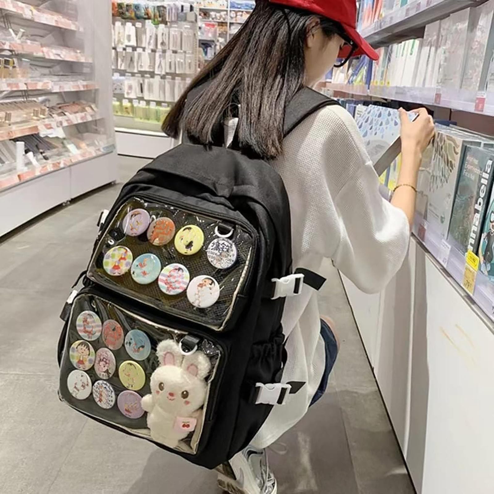 Ita Bag con finestre trasparenti per donne e adolescenti, zaino Kawaii JK Pin Display Zaino carino estetico grande zaino per la scuola casual zaino resistente Bookbag Anime Cosplay Regali