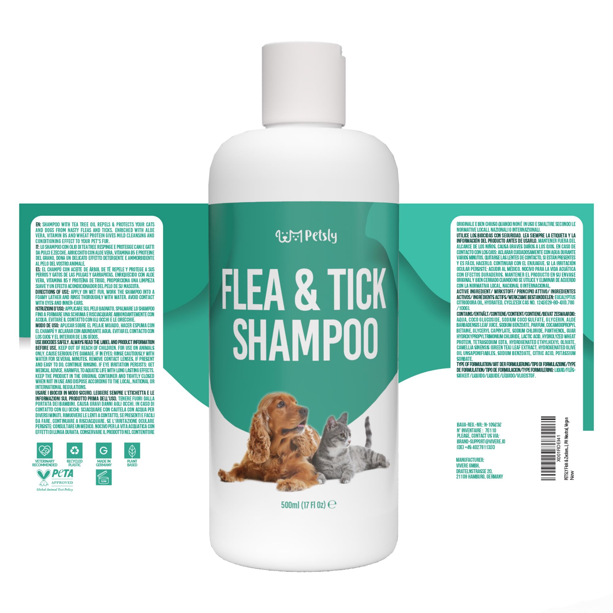 Petsly® Champú Antipulgas para Perros y Gatos - Fórmula Natural con Geraniol y Árbol del Té - Control de Pulgas y Garrapatas - Hidratante y Suave para la Piel - 500 ml - Apto para Todas Las Razas
