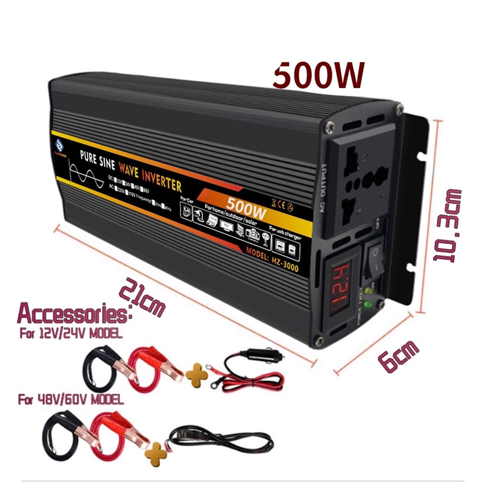 Inverter a Onda sinusoidale Pura da 500 W a 3000 W Convertitore Multifunzione Solare da CC a CA,Protezione di Sicurezza Completa(500W)