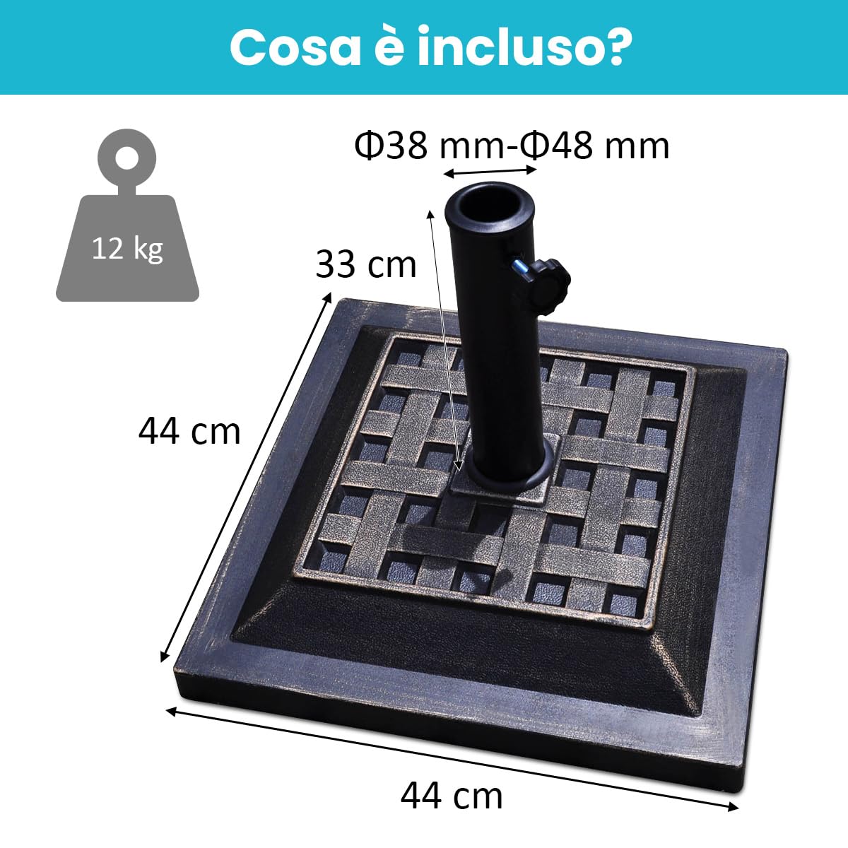 RELAX4LIFE Pied de Parasol Carré 12kg en Résine, Base de Parasol Lourde avec Tube en Acier Inoxydable pour Mâts Ø 38/48mm, Support de Jardin Stable et Robuste, Design Moderne, Noir