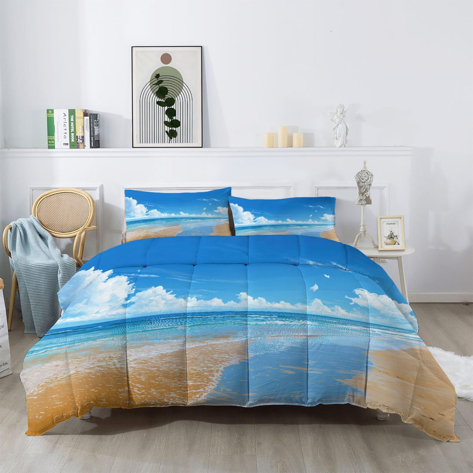 Piumino senza copertura con nuvole di mare 200 x 200 cm, reversibile, stampato, morbido, trapuntato, per letto matrimoniale, 4,5 tog, per tutte le stagioni, per fotografia, spiaggia, trapuntato