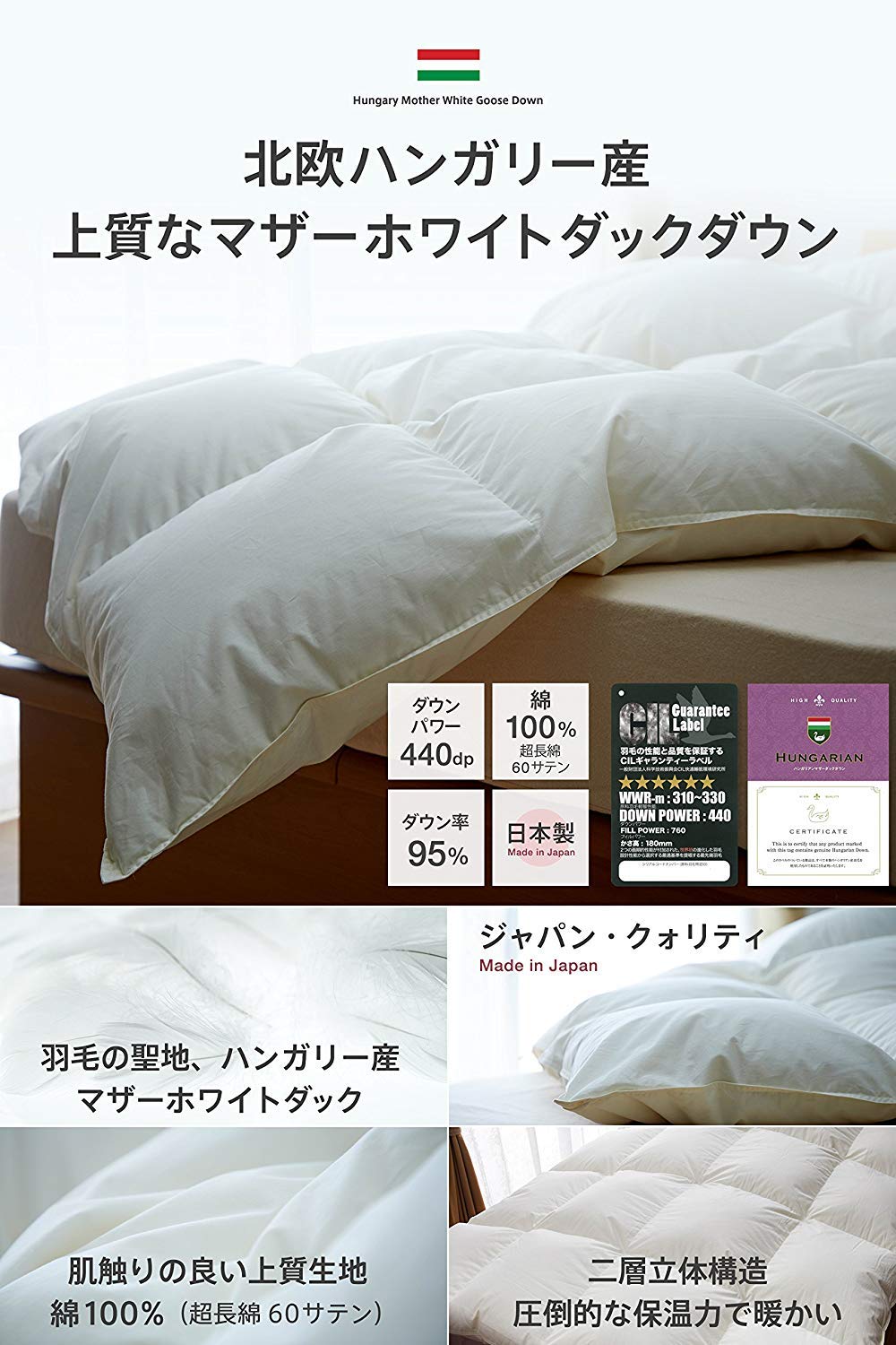Amazon｜羽毛布団 キング ハンガリー産 ホワイト マザーダックダウン 