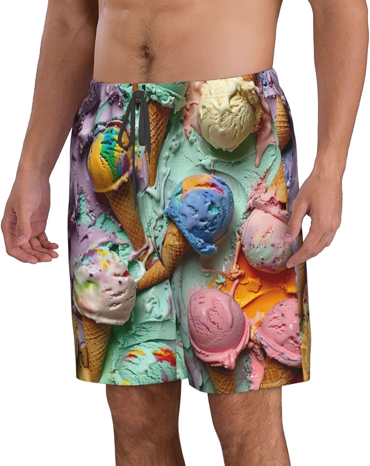 Many Colored ice Cream Print Men's Quick-Drying Shorts Casual Beach Pants Stretch Waist Shorts and Pockets