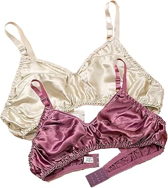 2Pack Ultra-Thin 100% Mulberry Silk Bra Underwear For Women Double Sided Satin Triangle Bralette Soft Cup Daily Bra Top Color F, Size 40/90AB