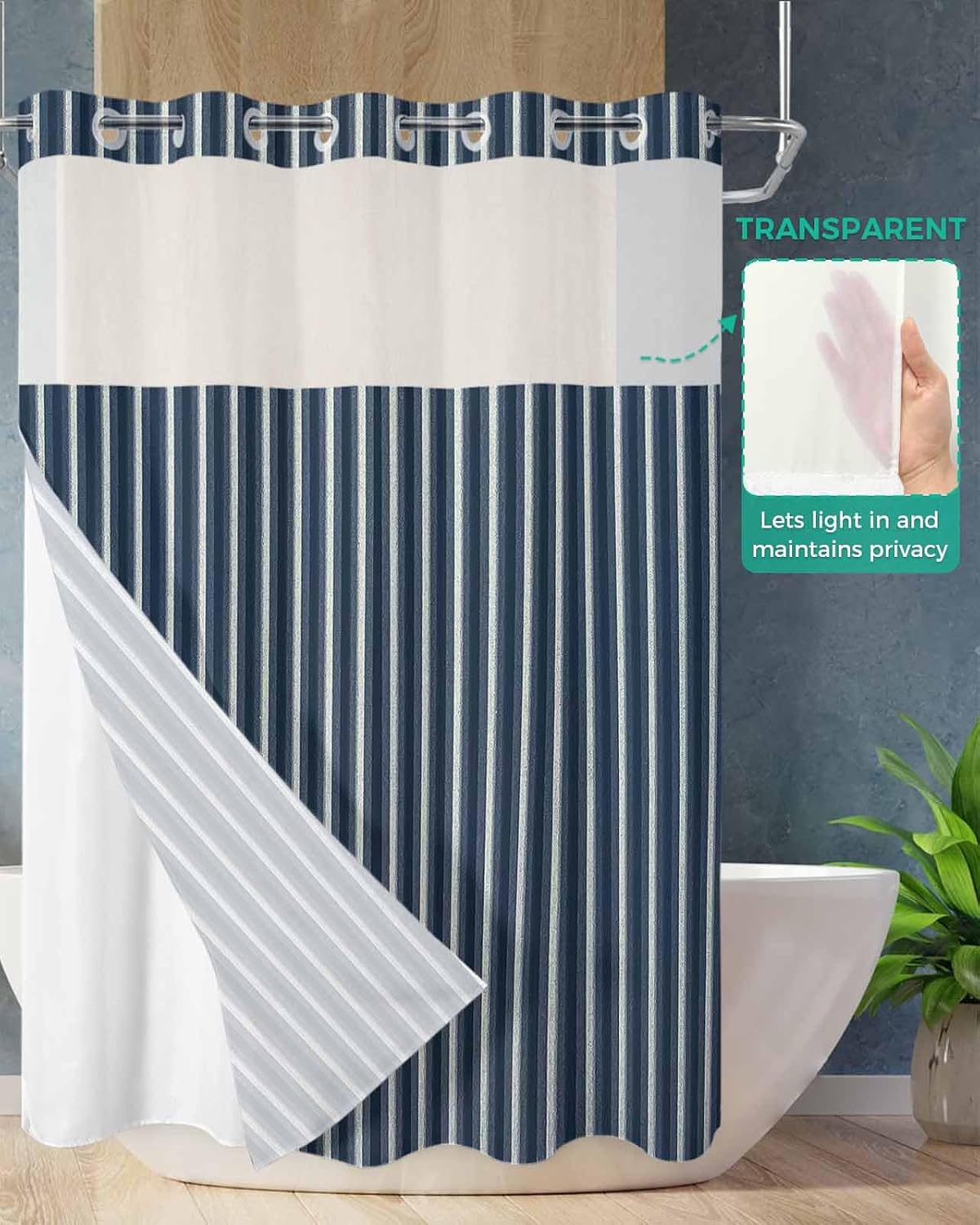 ALAGEO Shower Curtain with Snap-in Fabric Liner Set Blue Lines No Hook Shower Curtain with Mesh Top Window Stripe Shower Curtains Waterproof 72x84