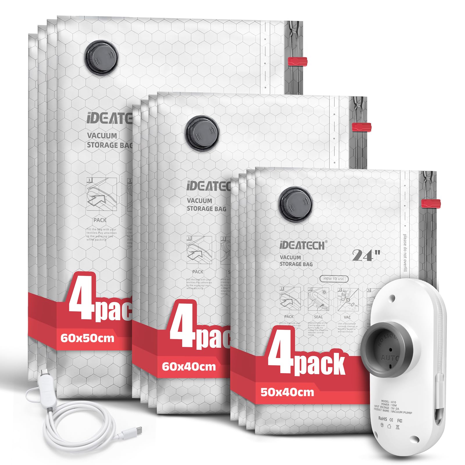 IDEATECH Bolsas de Almacenamiento al Vacío 12 Pack (4S 50x40cm+4M 60x40cm+4L 60x50cm) Reutilizables con Bomba USB para Edredones Mantas Viaje Mudanza Ropa de Temporada