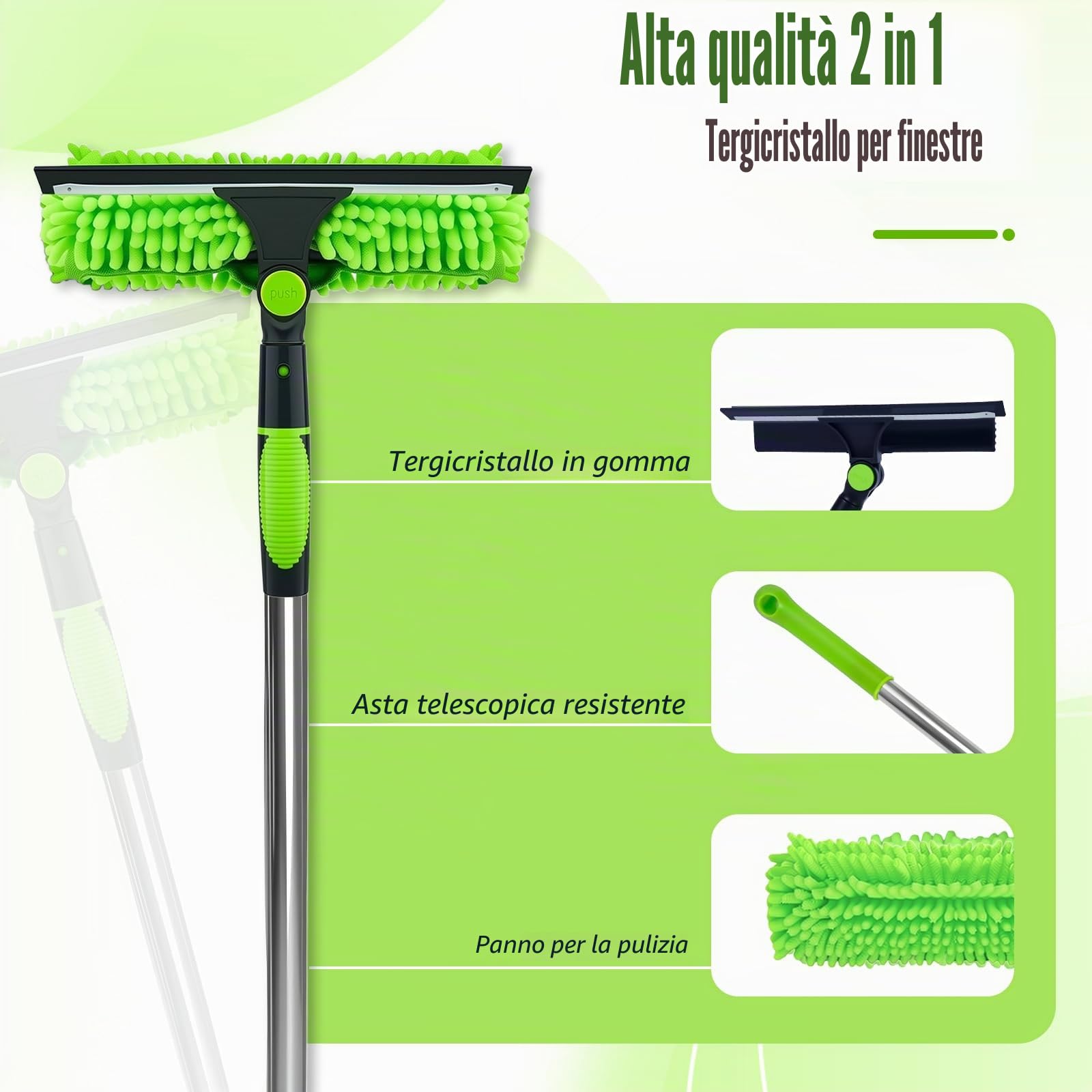 4,5 m tergicristallo e piumino antipolvere con ampia portata | set 2 in 1 estraibile con spugna in microfibra set professionale per la pulizia di vetri per interni ed esterni per finestre