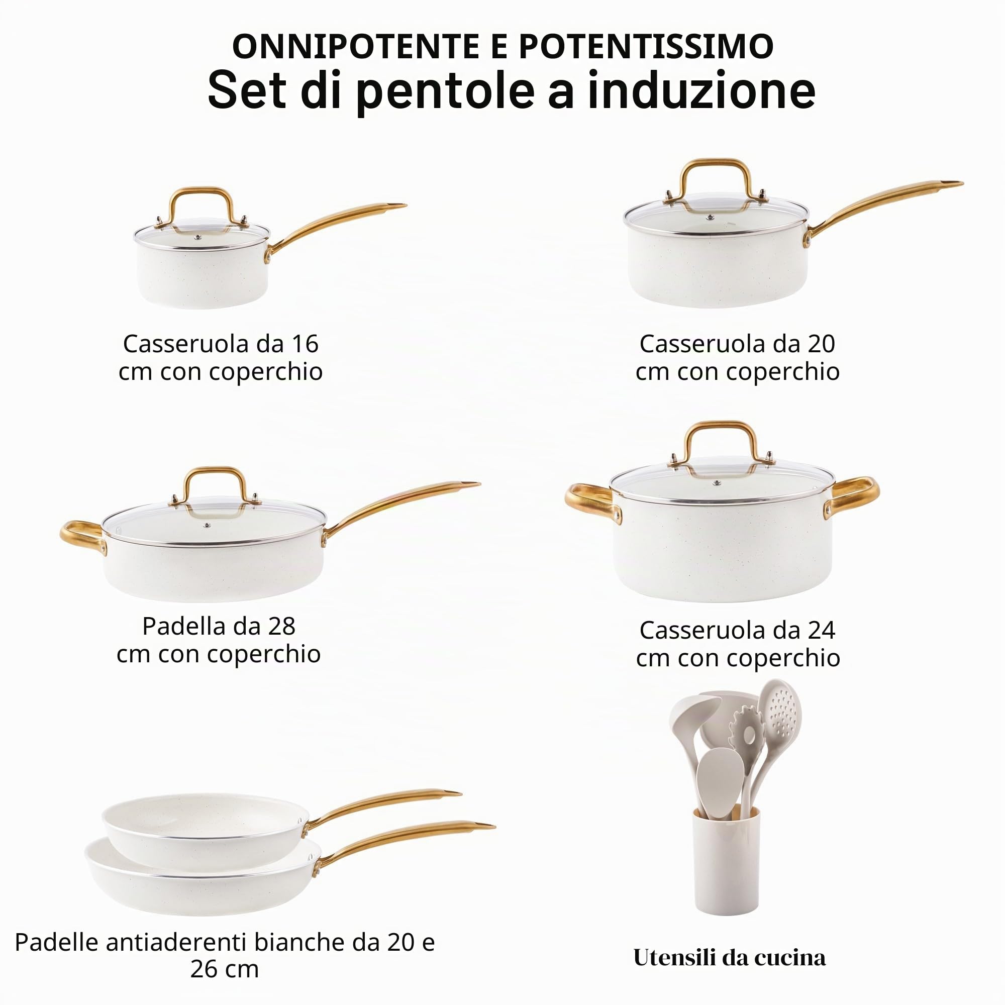 RIOVARM Induzione Set di pentole e padelle con coperchi, In ceramica Antiaderente Set di pentole con set di utensili da cucina, Set cucina essenziale Padella Pentola Padella per salse Spatole