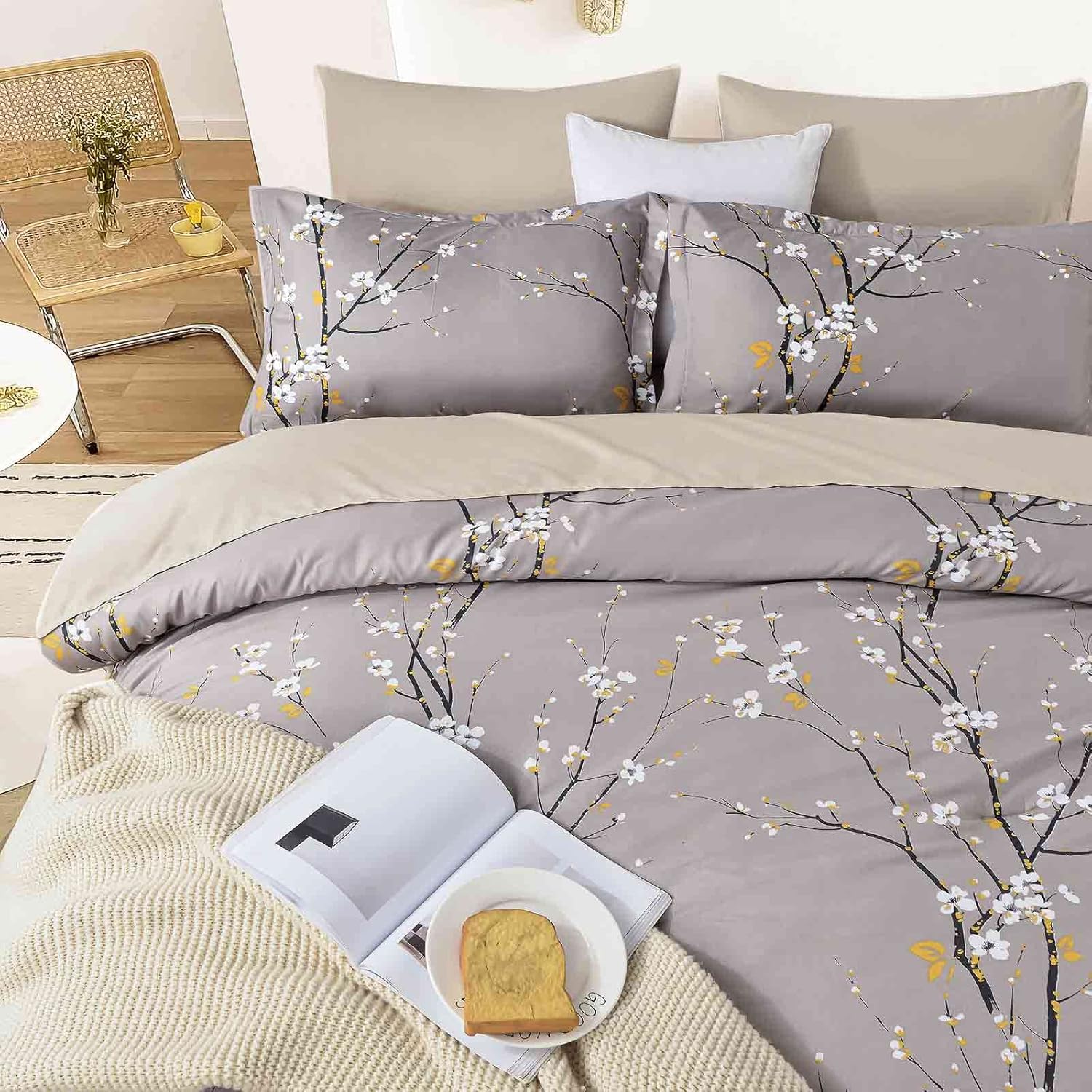 Nanko 7PC Queen Comforter Set with Sheet, Grey Pastel