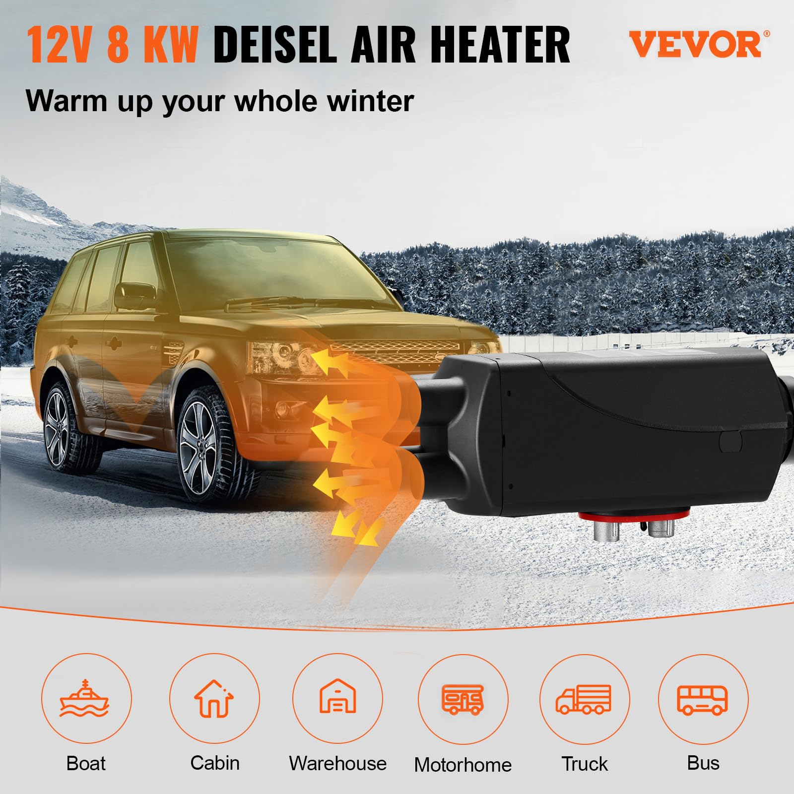 Nagrzewnica powietrza Diesel 8 kW z tłumikiem, zbiornikiem 12 V 10 l do łodzi, autobusów, kamperów i przyczep. Zawiera ogrzewanie 8000 W i monitor LCD.