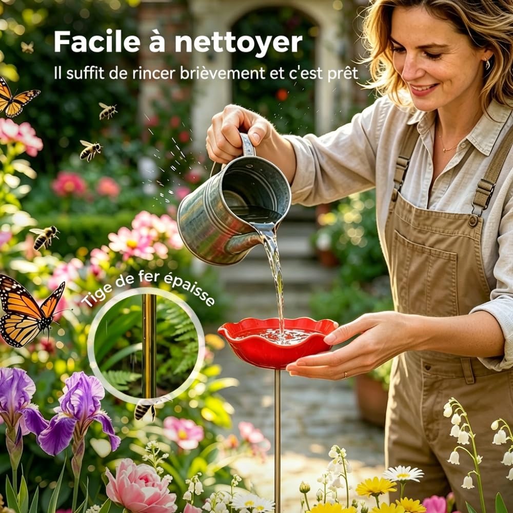 Abreuvoir Oiseaux, 2026 Nouveau Bain Oiseaux Décoratif Métal Motif Fleurs, Handmade Metal Flower Garden Stake, Bain d’Oiseau Oiseauxs Résistante Intempéries Fleurs Abreuvoir À Abeilles (Rouge)