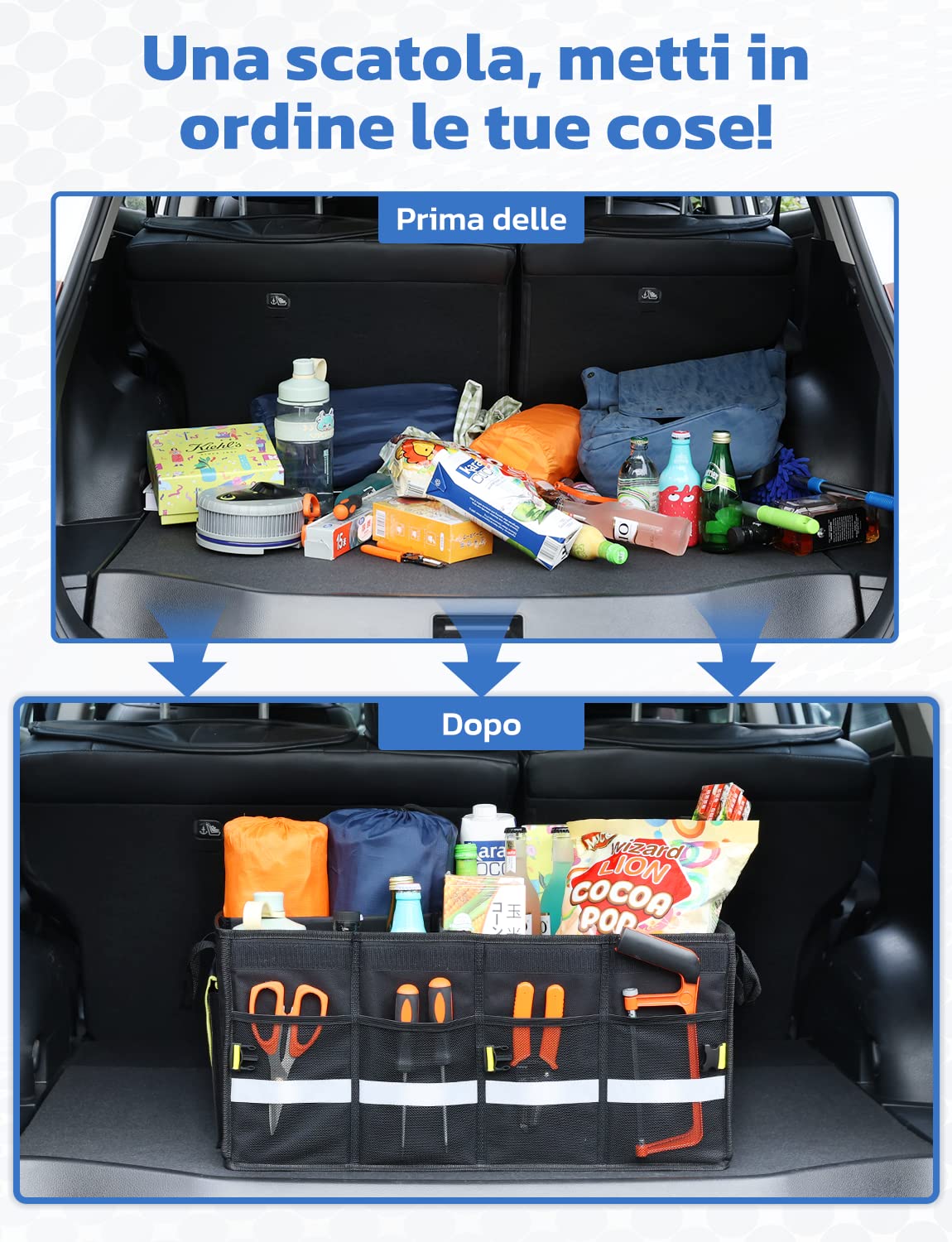 oasser Organizer per Bagagliaio Auto Waterproof 55L 600D Tessuto Oxford Organizer per Bbaule Pieghevole Multiscomparto Antiscivolo con Base Robusta Borsa per Bagagliaio Nero
