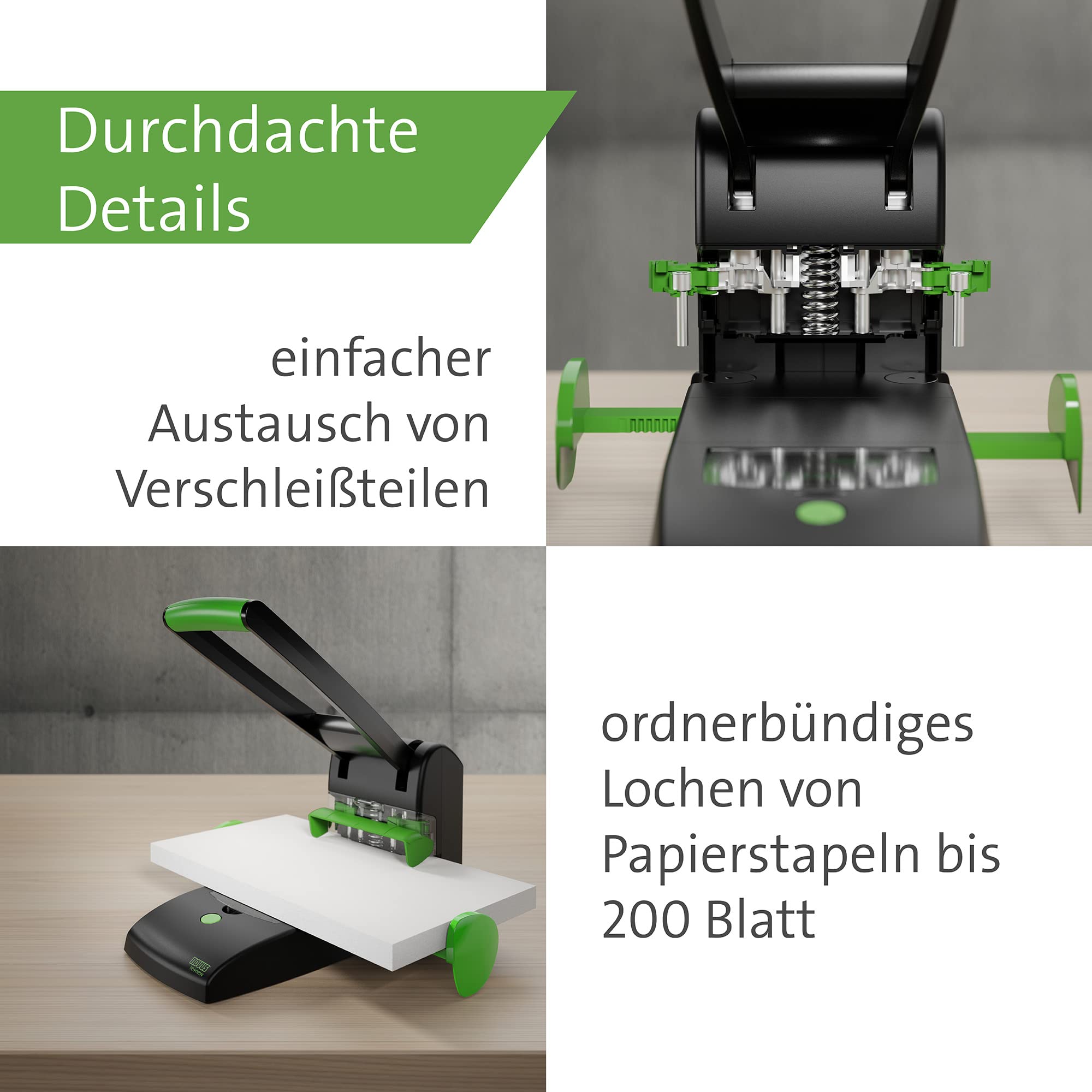Novus B 2200 re+new Blocklocher, 200 Blatt, schwarz-grün | Zwei- und Vierfach-Lochung, Vollmetallgerät mit Kunststoffummantelung aus 71% recyceltem Kunststoff