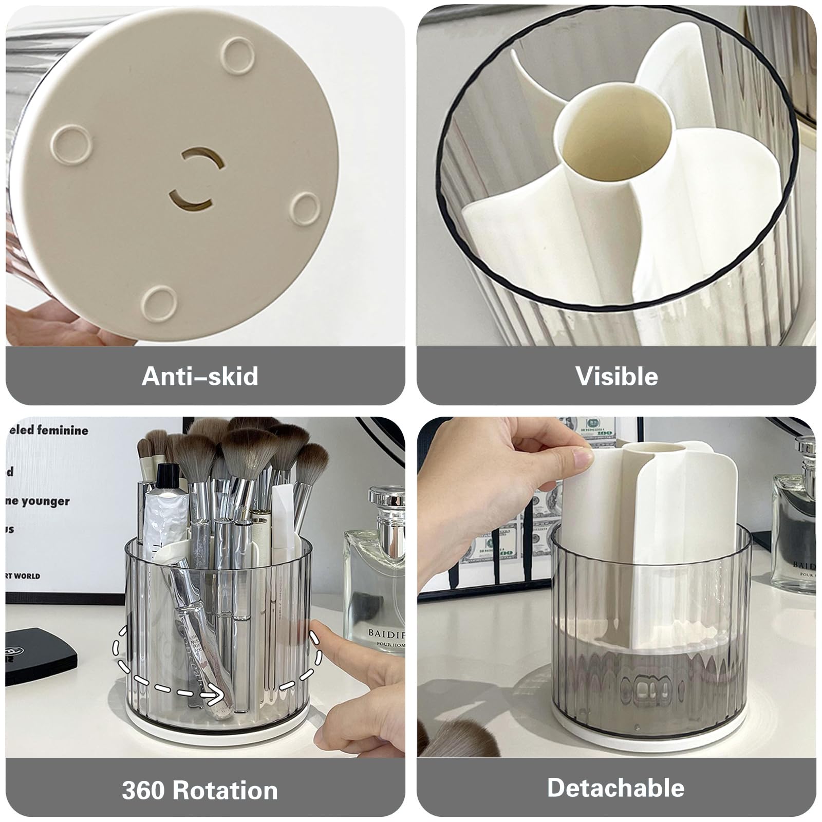 Lemical Soporte giratorio de 360° para brochas de maquillaje, soporte para lápices, caja de almacenamiento de cosméticos, 6 ranuras, organizador de bolígrafos de escritorio para el hogar, oficina,