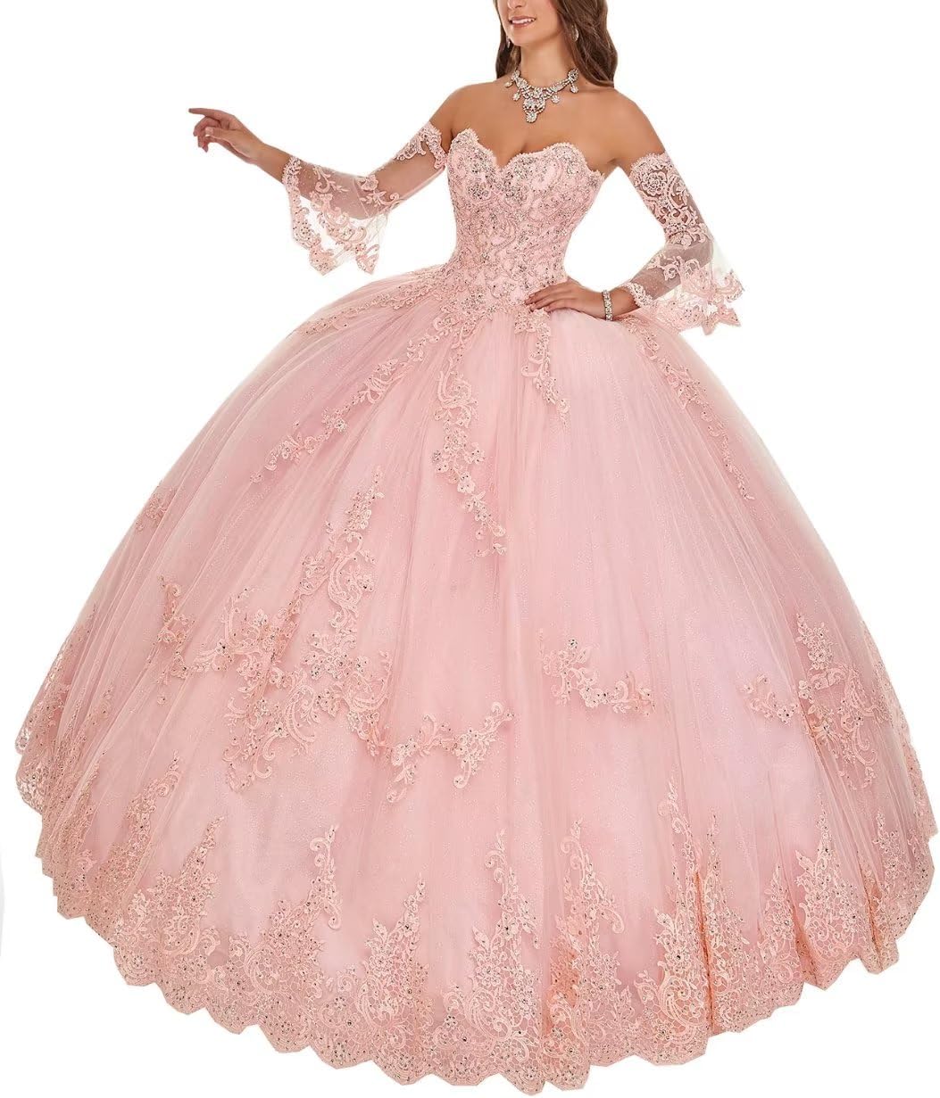 YMFFW Ball Gown Quinceanera Dresses with Long Sleeves Tulle Lace Appliqued Prom Dress Sweetheart Formal Party Gowns for Women