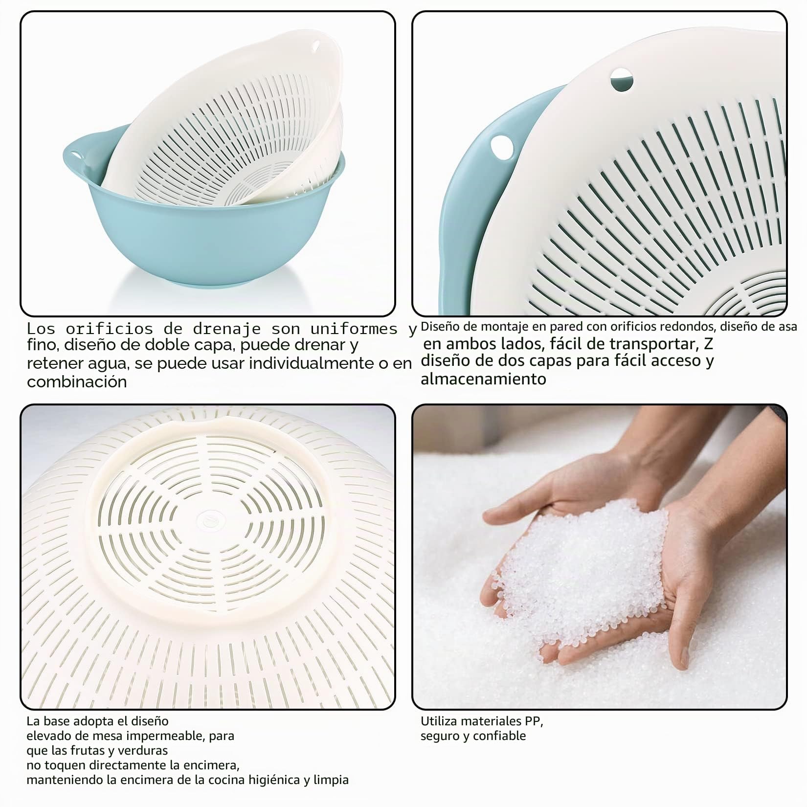 3 Piezas Coladores de Cocina Plastico, 2 en 1 Cesta de Drenaje Multifuncional, Coladores de Alimentos para Escurrir Pasta, Frutas, Verduras