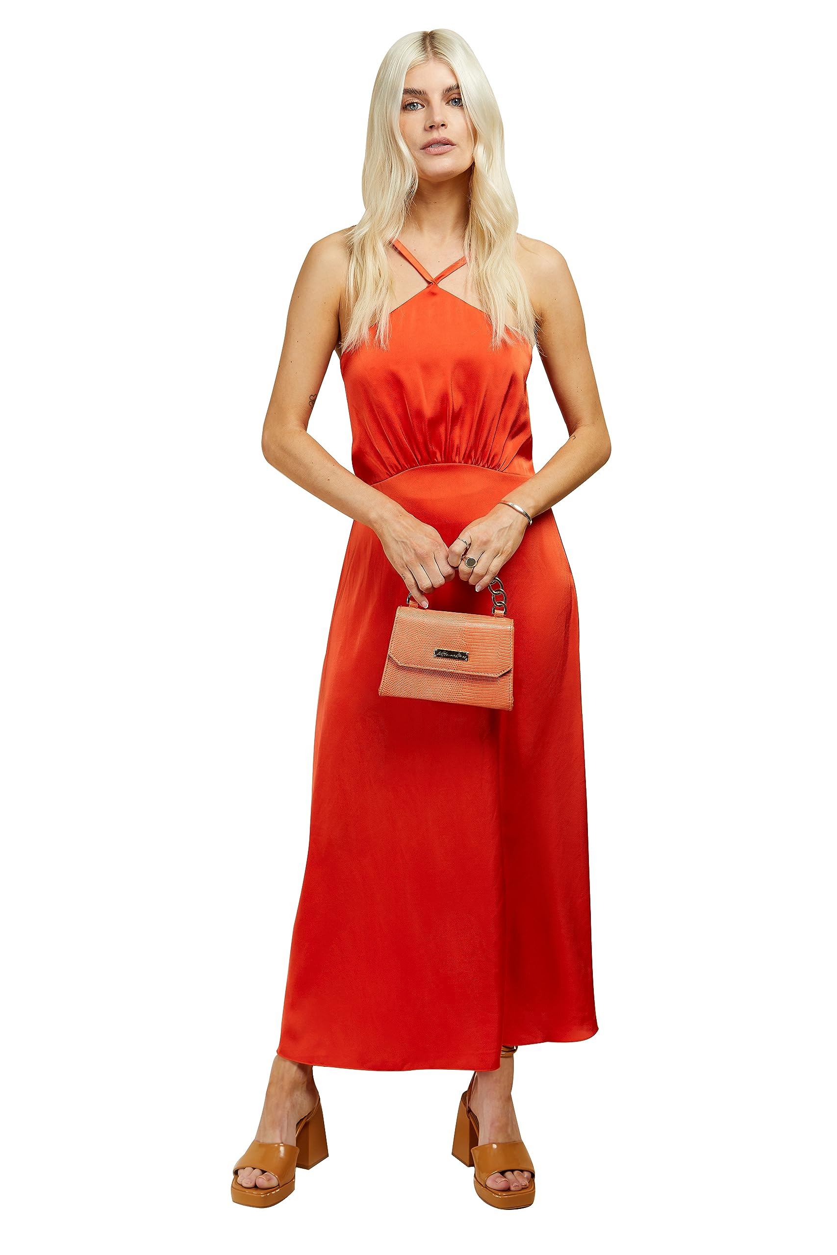 Robe de cocktail orange satin midaxi solution silhouette fluide mariage