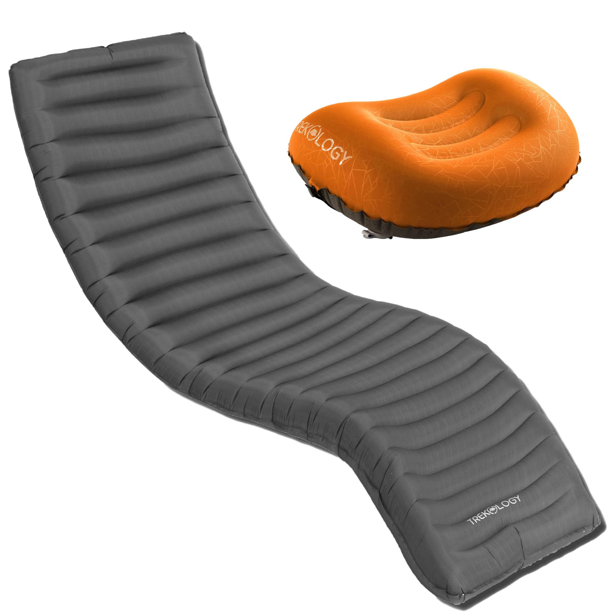 Trekology Camping Schlaf-Set – UL80 Aufblasbare Isomatte mit ALUFT2 Ultraleichtem Aufblasbarem Campingkissen (Orange) – Leichte Kompakte Rucksackmatratze und Reisekissen mit Nackenstütze für Wandern u