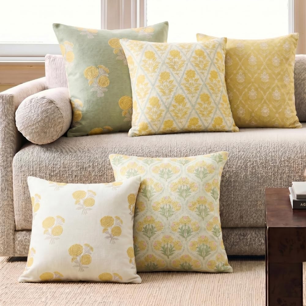 haus & kinder 100% Cotton Cushion Covers Set of 5 | Digital Printed Yellow & Grey Floral Geometric Design | 40 x 40 cm (16x16 Inch) Decorative Throw Pillow Covers for Sofa, Living Room & Bedroom-image-23