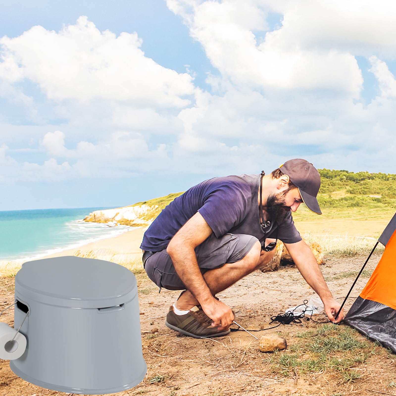 SOARS Inodoro Portátil con Tambor Interior Extraíble y Tapa, Carga 200KG(MAX), Inodoro Móvil de Camping con Soporte para Papel, 41 x 49 x 34 cm Vater Portatil para Senderismo Acampar Viajar