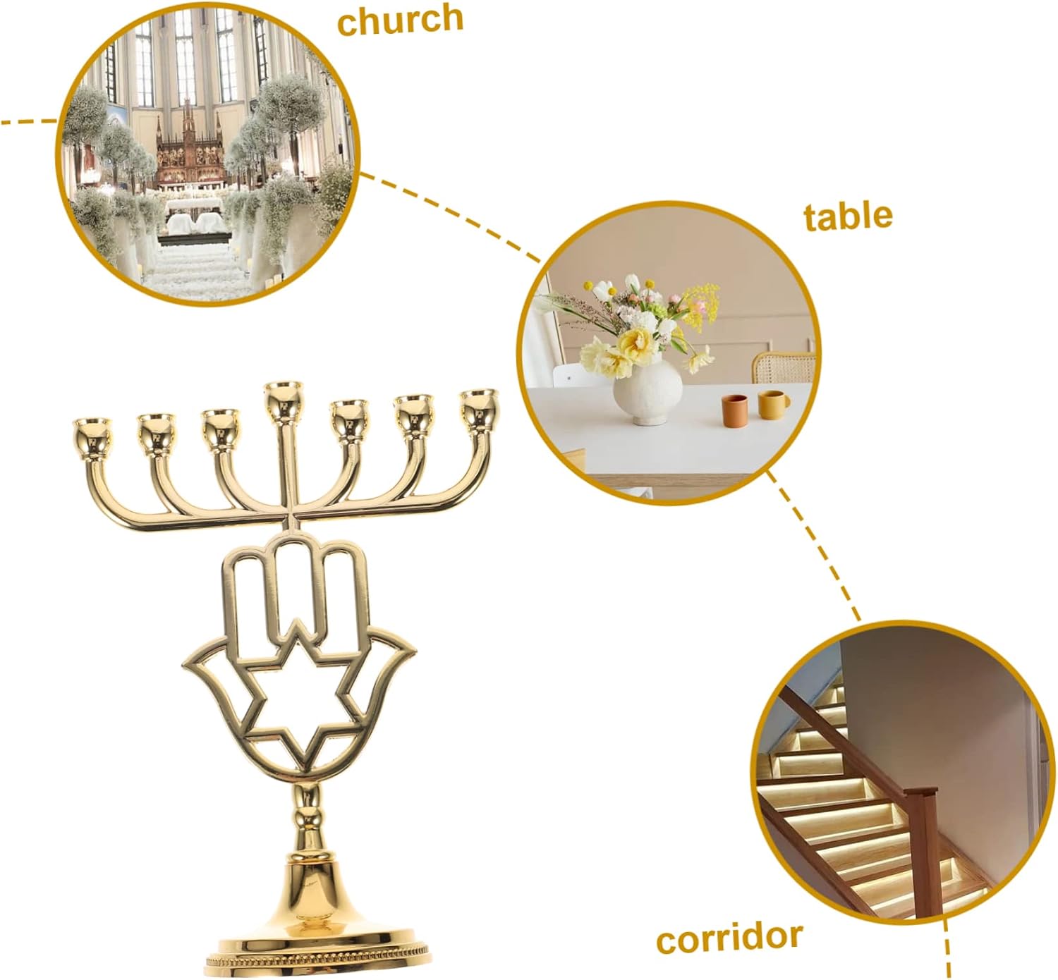 Gold Zinc Alloy 7-Branch Menorah Candle Holder Vintage Religious Candelabrum for Home Decor for Hanukkah Celebrations and Desktop Ornaments