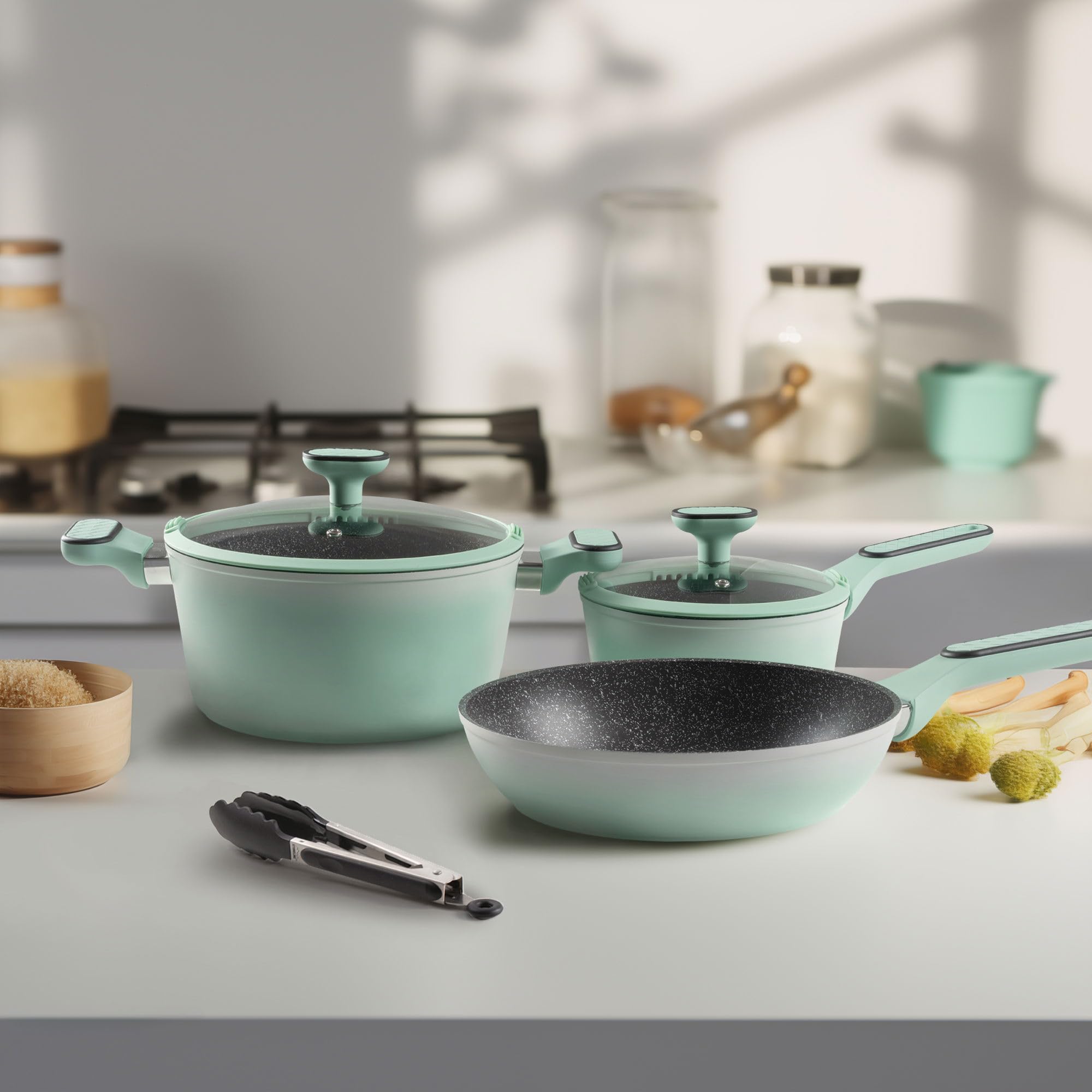 STONELINE Kochgeschirr Set 11-teilig 18/20/24 cm Set Pfannen und Töpfe mit Deckel, Topfset Pfanne Induktion Antihaft Beschichtet mit echten Steinpartikeln, Alle Herdarten, Farbe: Mint
