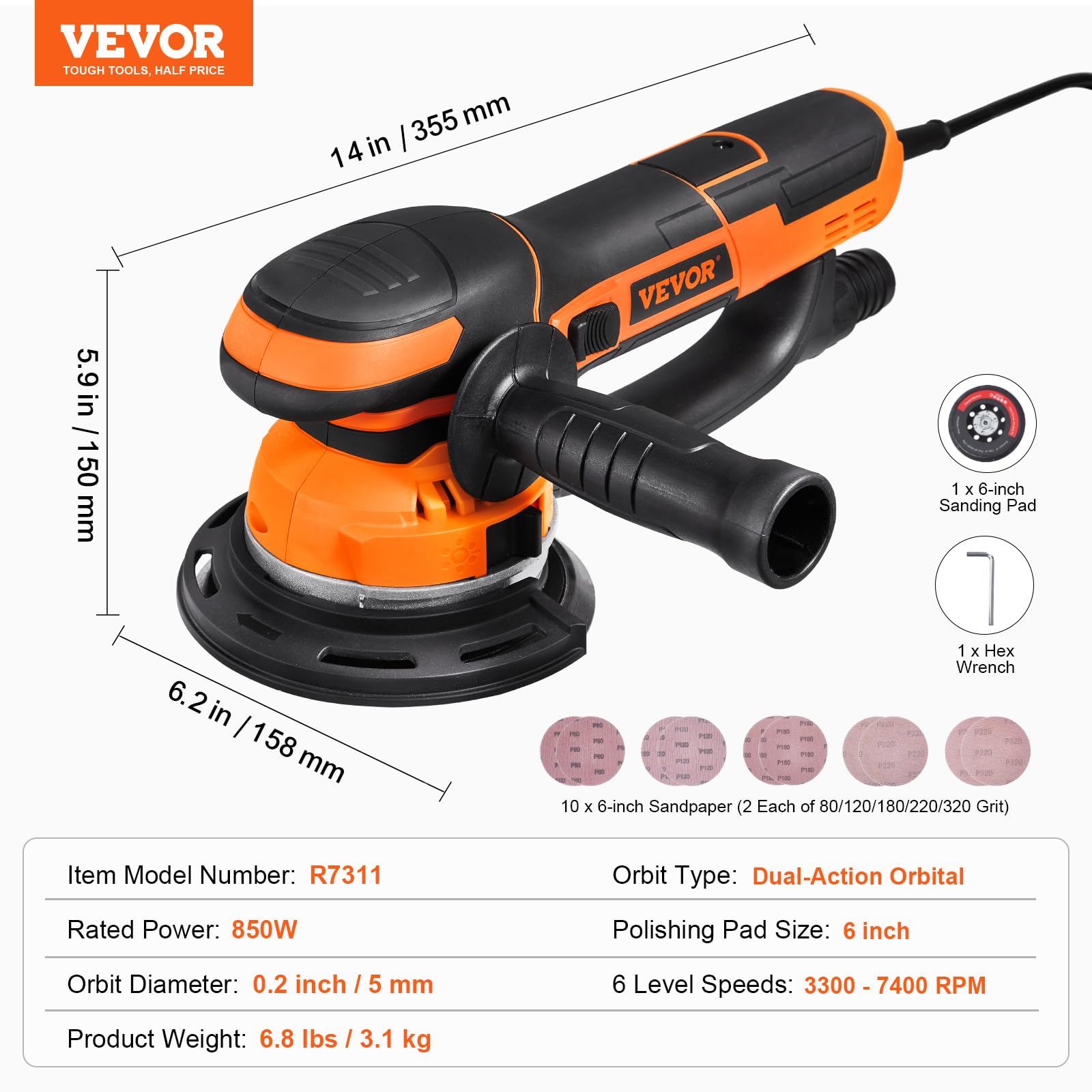 VEVOR Ponceuse orbitale aléatoire, 152 mm, ponceuse excentrique électrique à double action DA et GA, 850 W, 6 vitesses variables, 10 papiers de verre, connecteur anti-poussière, pour ponçage du bois