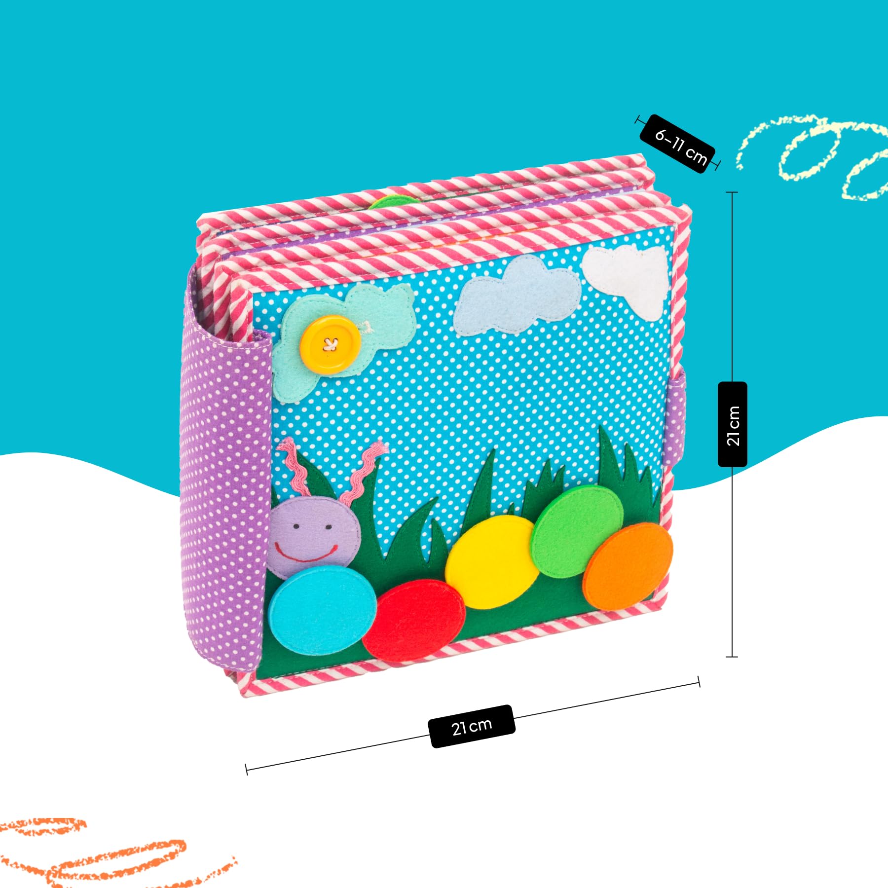 Jolly Designs – Bunte Raupe – 6 Seiten Quiet Book – Montessori Spielzeug ab 18 Monaten – Motorik & Sensorik fördern – Handgefertigtes Filzbuch – Lernspielzeug für Kleinkinder – Busy Book für unterwegs