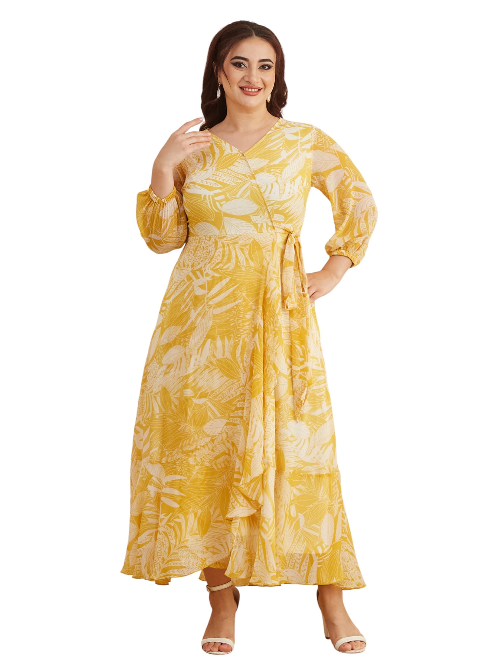 miss chase a+ Women's V -Neck Three-Quarter Sleeve Geometric Patterned Wrap Midi Chiffon Dress-picture-20