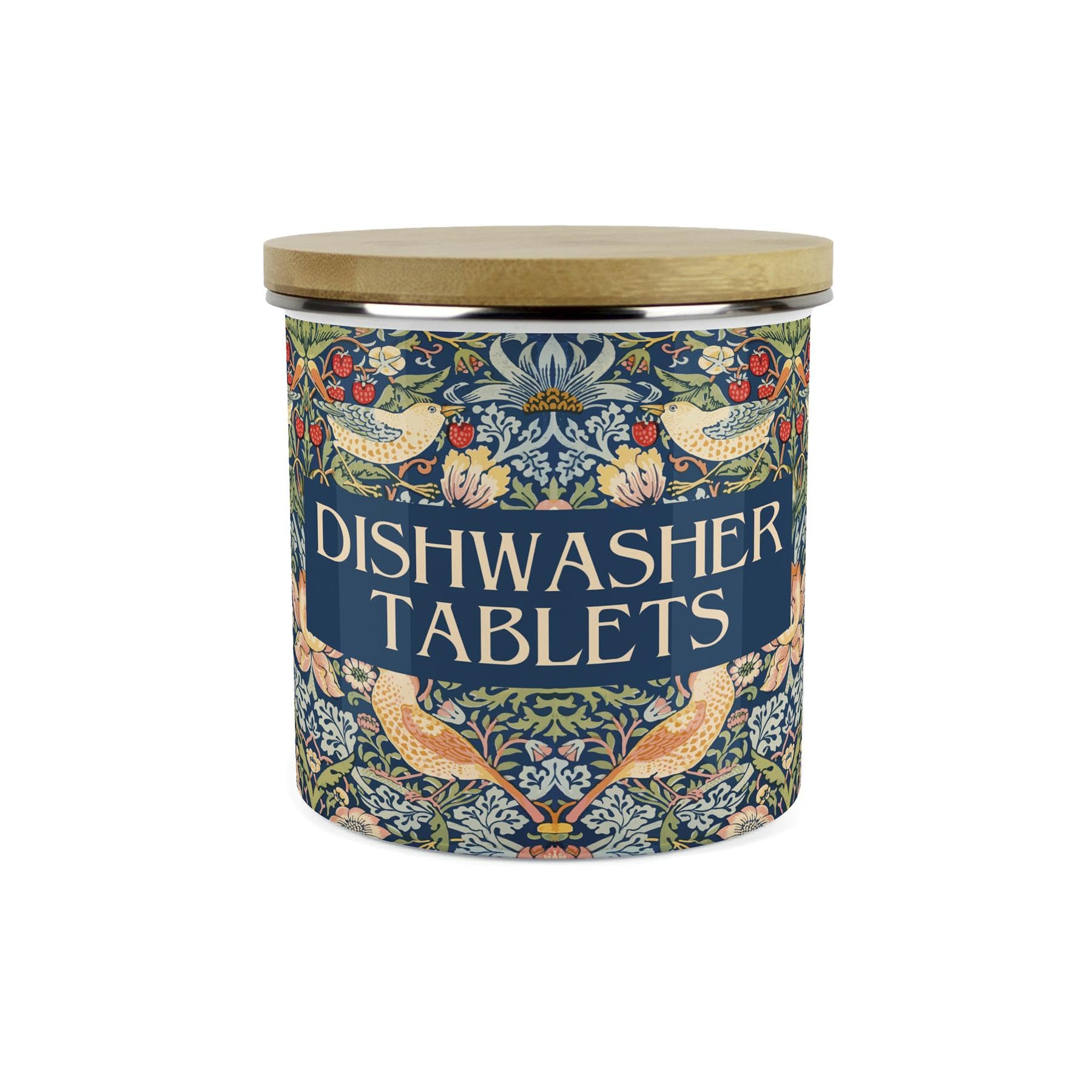 Blue Strawberry Thief Dishwasher Tablets Storage Canister - Morris Inspired Tapestry Artwork - Refillable Enamel Home Cleaning Products Container